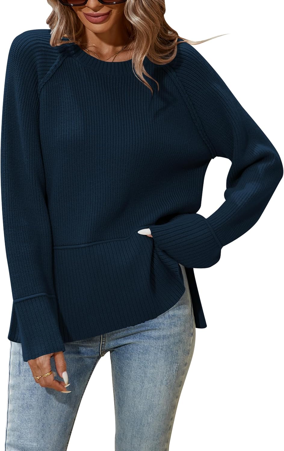 Cakulo Womens Oversized Sweaters Split 2025 Fall Knit Long Sleeve Crew Neck Ribbed Pullover Loose Cozy Soft Sweater X-Large Navy Blue