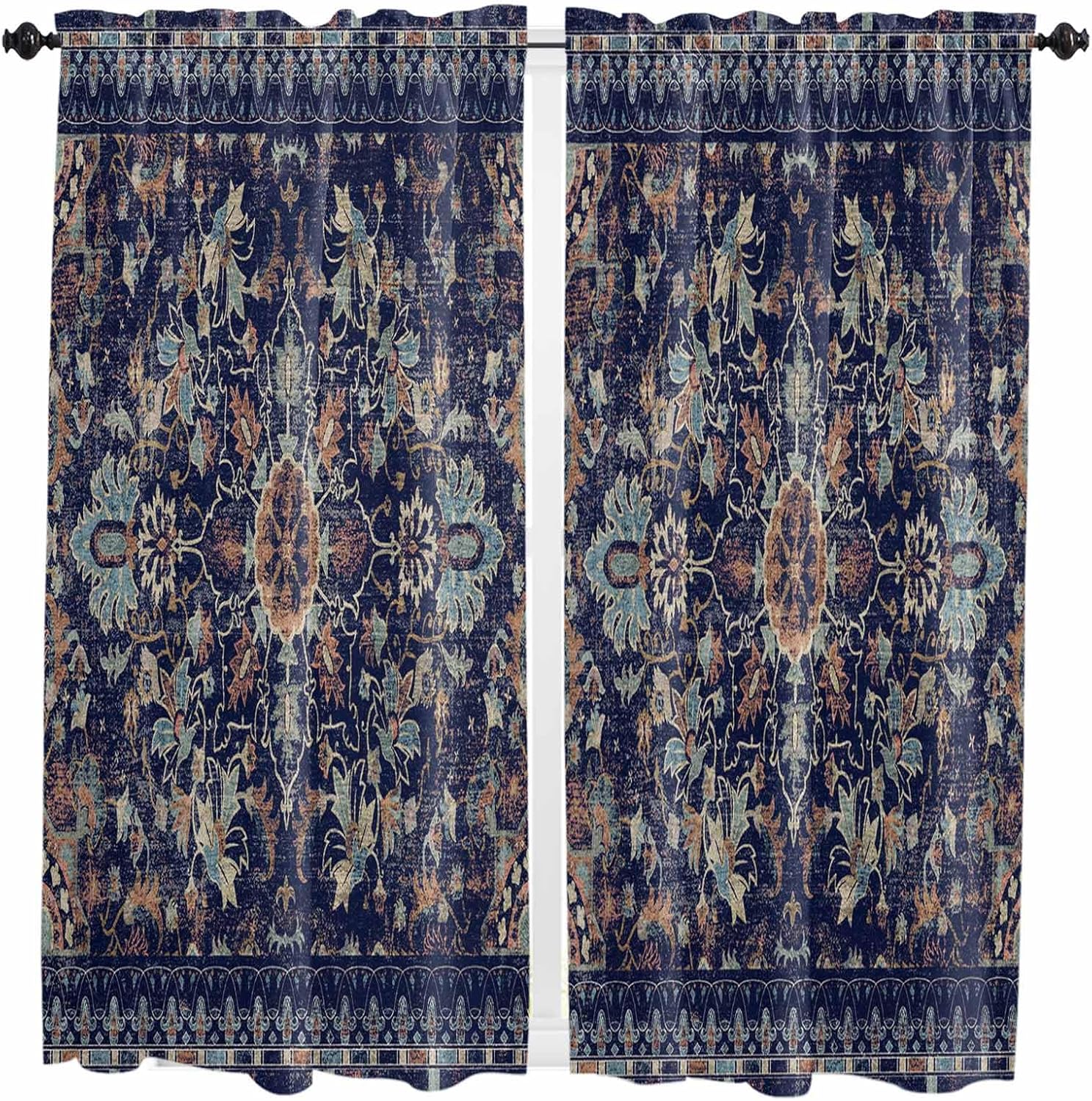 Southwest Flower Kitchen Curtain 45 Inch Length Small Short Cafe Tiers Curtains Drape, 2 Panels Window Treatment Rod Pocket Drapery Panels Curtains, Rustic Tribal Oriental Native Boho 84x45