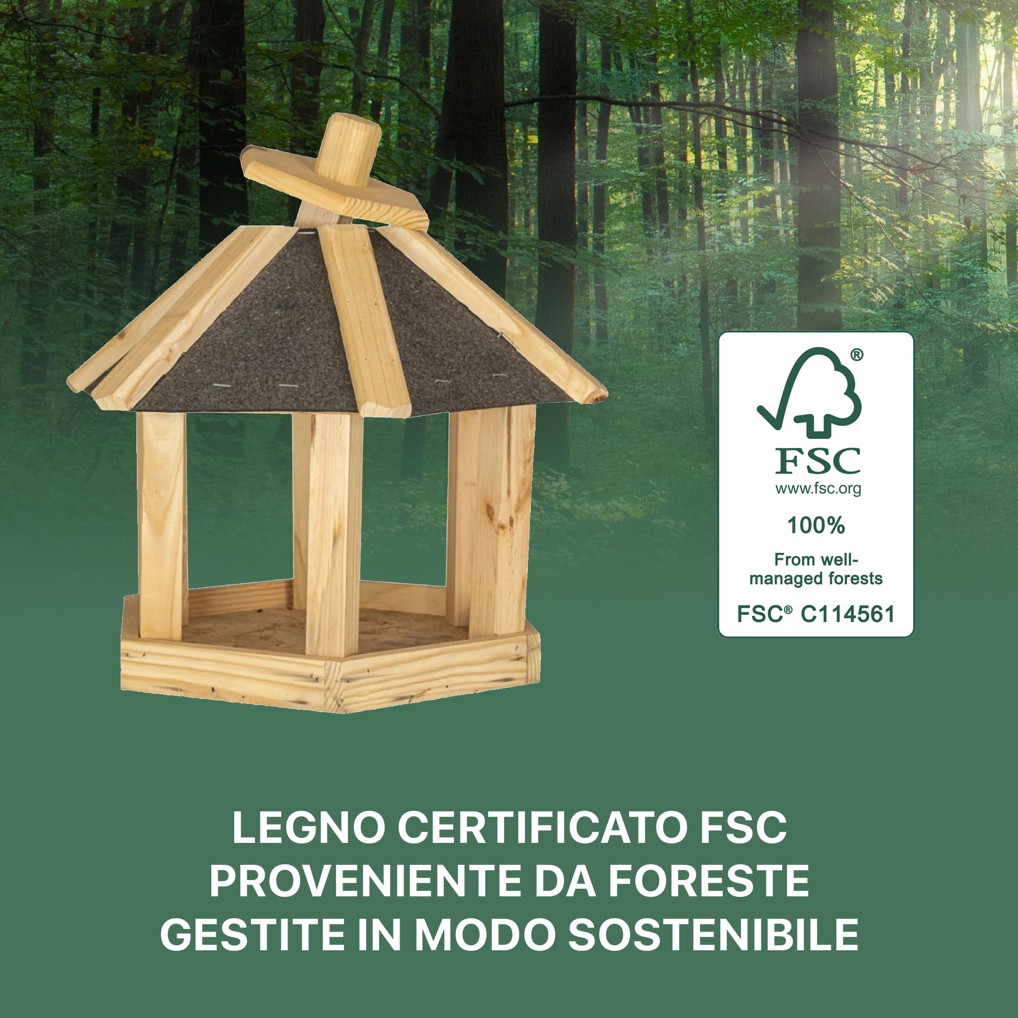 ITA Casetta per Uccelli 37x33x35 cm in Legno con Supporto - Mangime per Uccelli Selvatici - Resistente alle Intemperie, Stabile e Robusta
