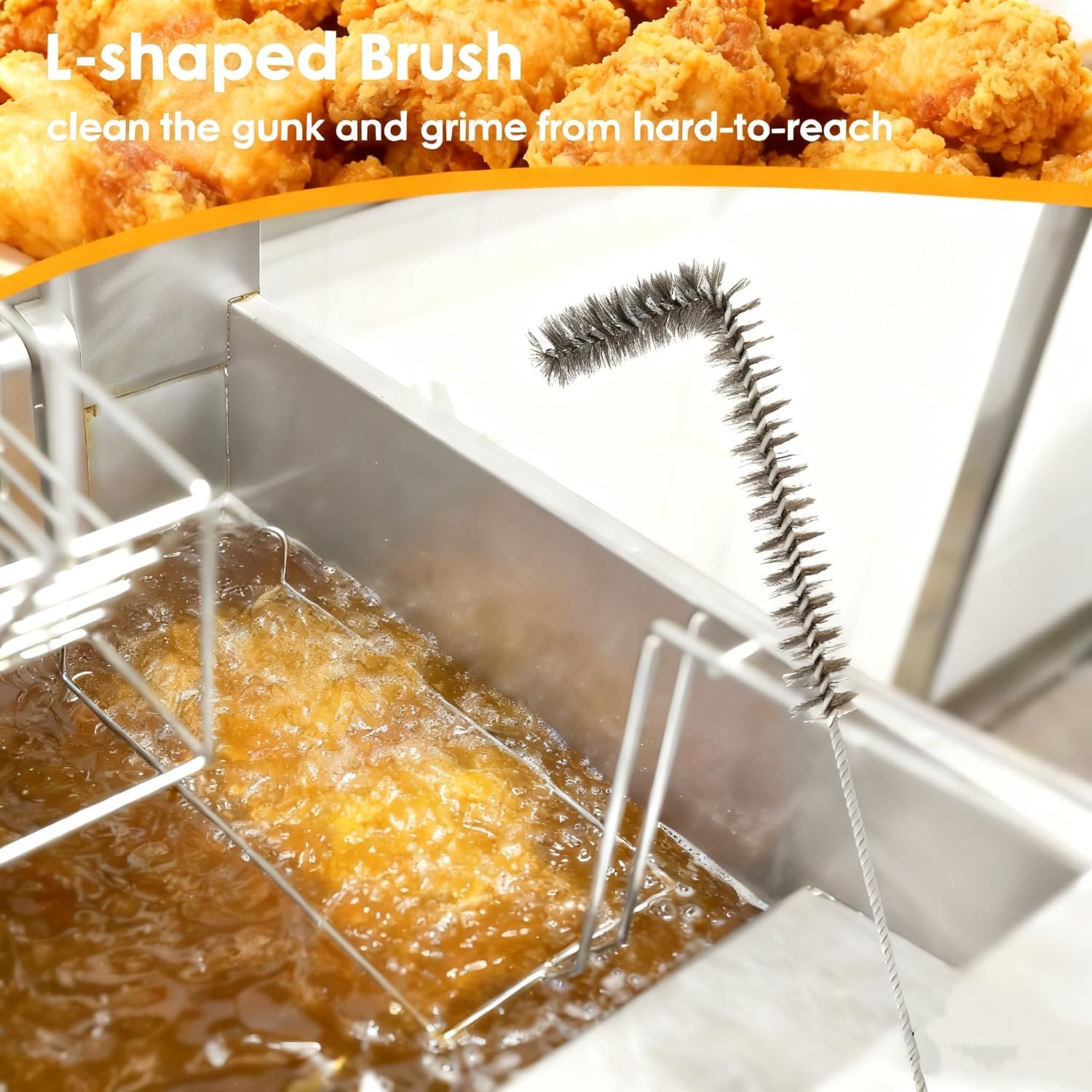 3Pcs Deep Fryer Cleaning Tools, Include L-Shaped Fryer Cleaning Brush Stainless Steel Bristle Fryer Cleanout Rod, Deep Fryer Basket Cleaning Brush Kit for Kitchen Restaurant Bakery