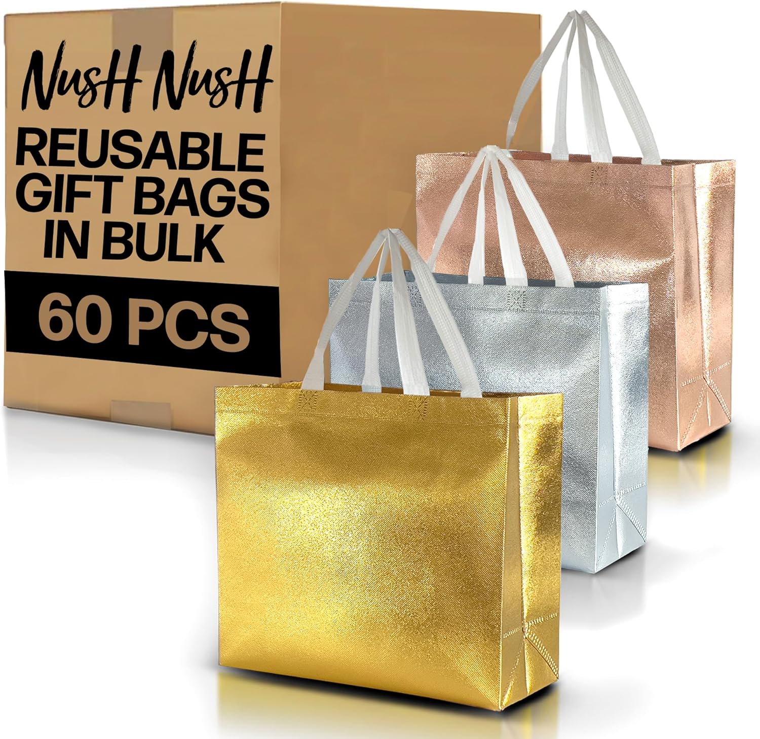 Nush Nush 60-pack gift bags with handles, rose gold, silver & gold