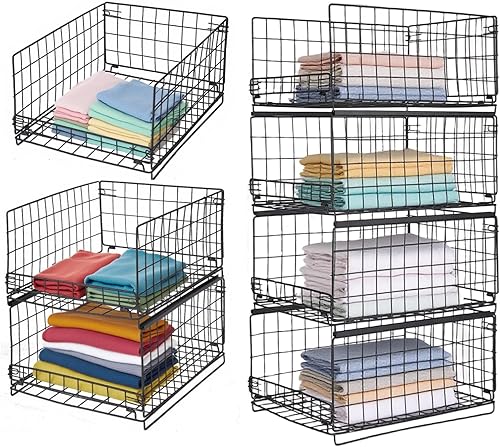 Cesta de almacenamiento de 4 niveles, organizadores de armario apilables, sistema organizador de estantes plegables para armario, ahorro de espacio,