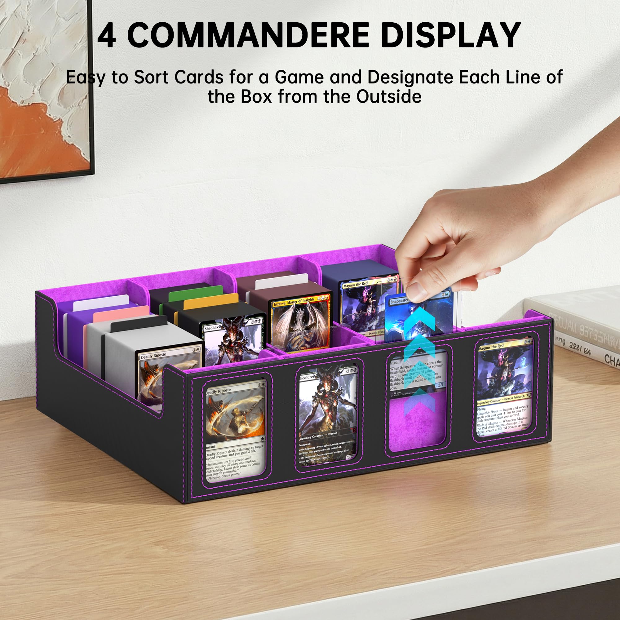 Caja de almacenamiento para tarjetas coleccionables Commander Deck Box para más de 2400 tarjetas MTG, funda para tarjetas deportivas TCG y PTCG con funda extraíble, 4 topes y 12 separadores (púrpura)