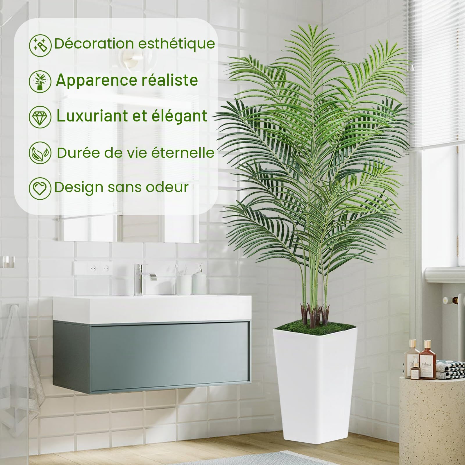 Palmier Artificiel de 1,8 m avec Pot Blanc – Grand Faux Palmier Tropical en Pot avec véritable écorce pour la Maison, Le Bureau, Le Salon, la Chambre, la Ferme et la décoration Moderne