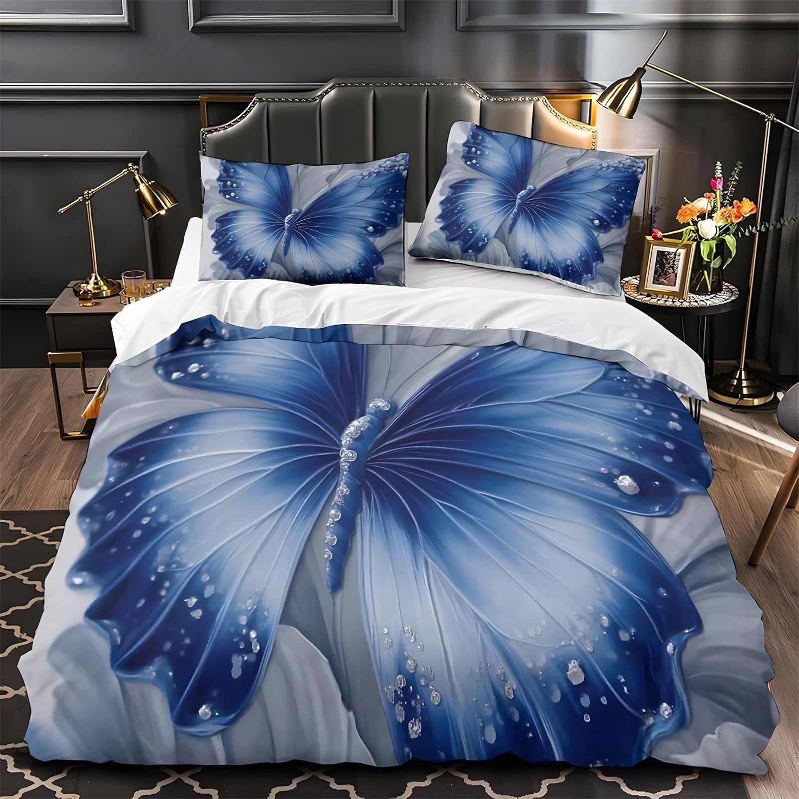 Ypthriline Super King Duvets Set Blue Butterfly Bedding Set Microfiber Dreamy Duvet Covers with Pillowcases Reversible Bedding With Zipper Closure 260x220CM
