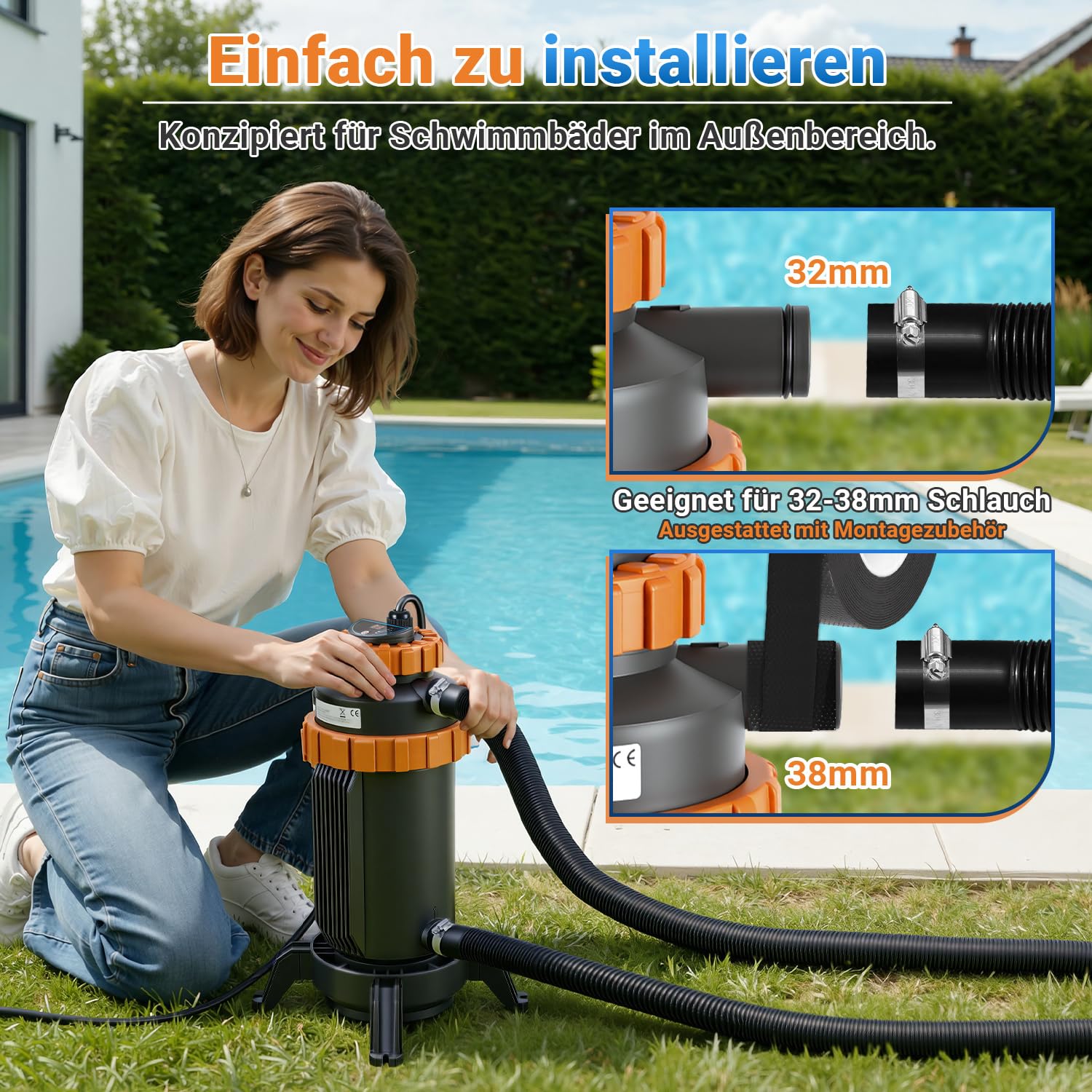 Calefacción para piscina de agua caliente, diámetro de 17 x 42 cm, con pantalla digital y conservación automática del calor, conexión de 32 a 38 mm