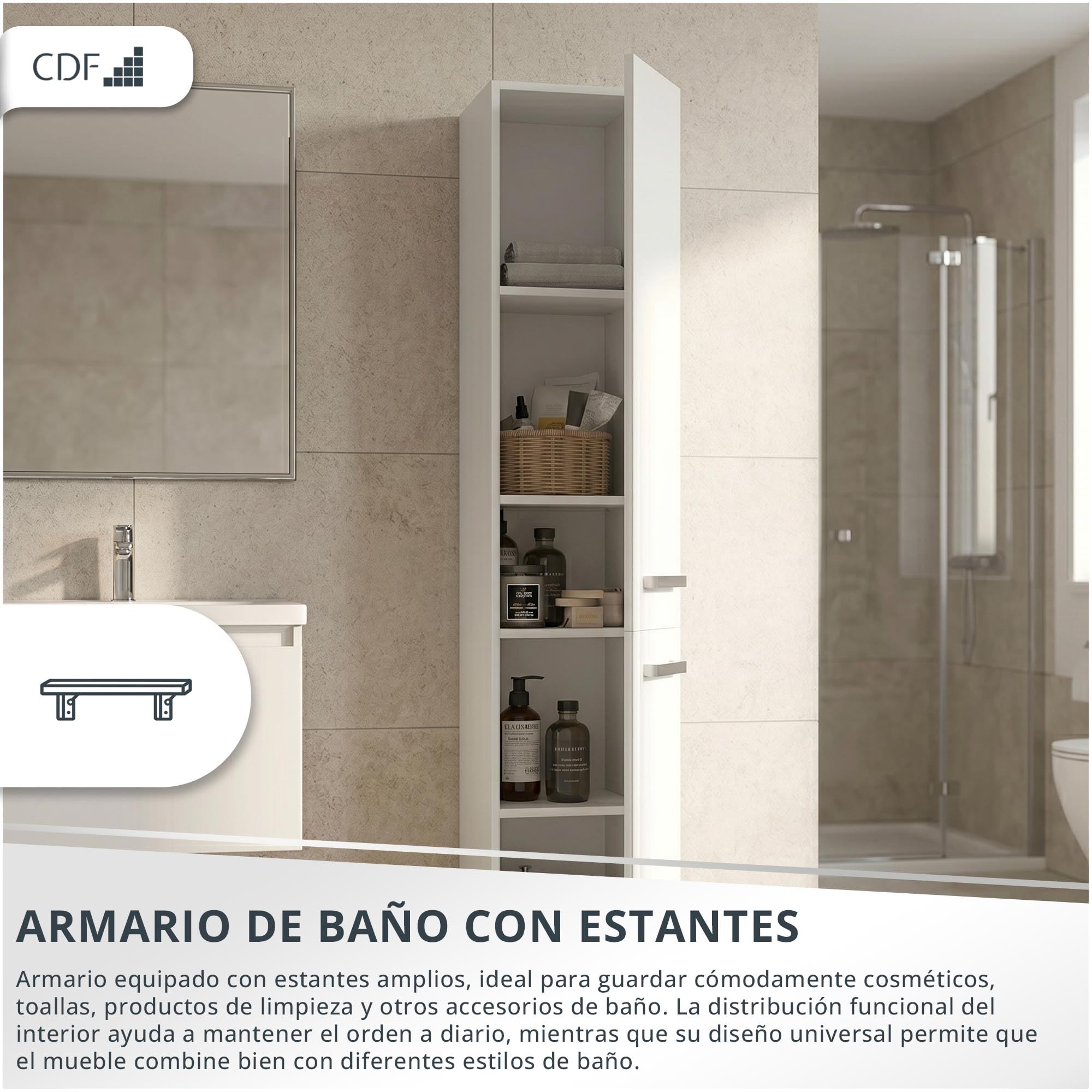 CDF Mueble de Baño y Lavandería, Columna de Baño Estrecho, Armario Alto sin Cesto para la Ropa, Armario Que Ahorra Espacio Salón, Pasillo, Aseo Blanco, Ancho 31 cm, 30x31x174 cm