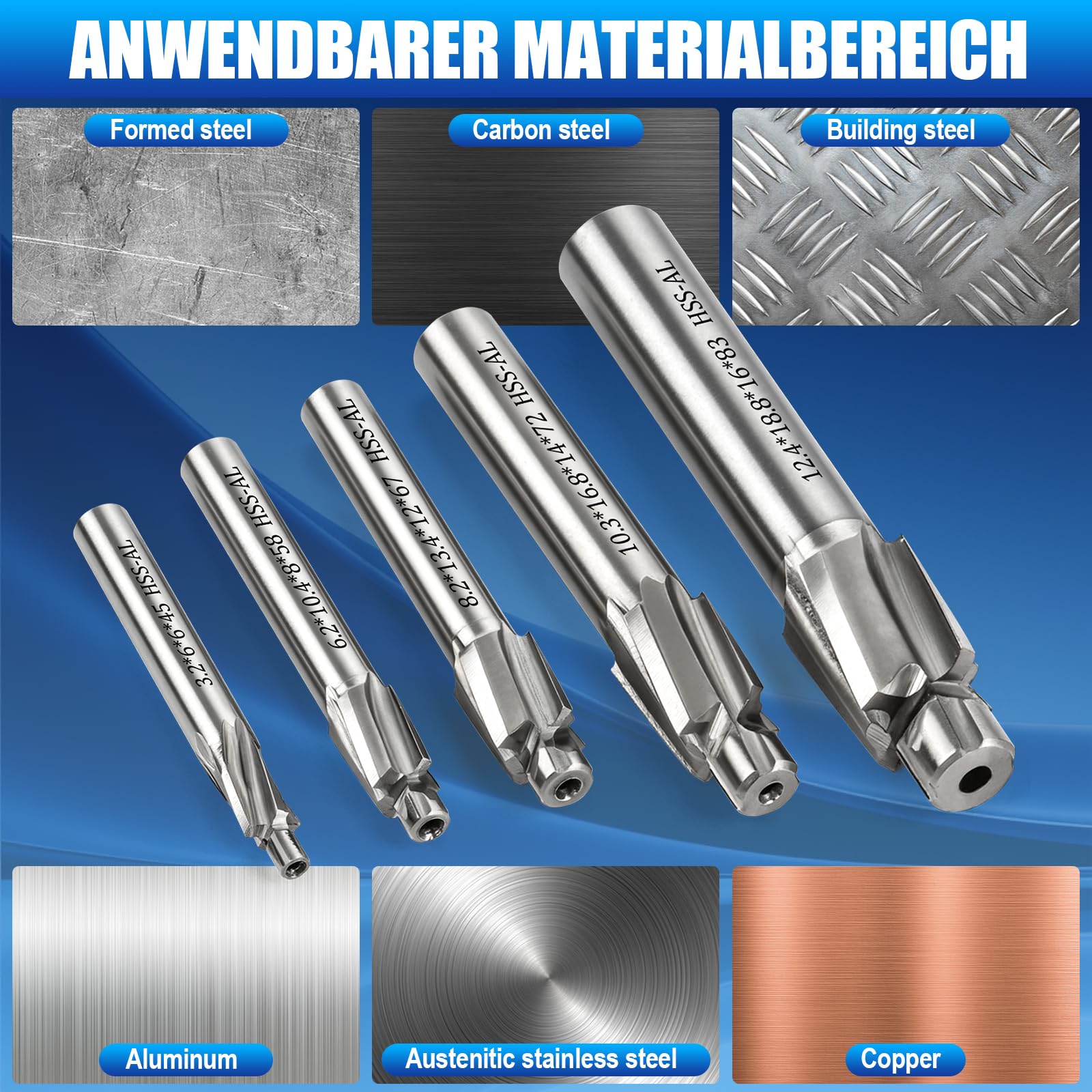 7-teiliges HSS Zapfensenker-Set M3-M12, 4 Zähne Schaftfräser Flachsenker Senker, für Metall, Stahl, Aluminium, Edelstahl, Holz, Kunststoff, Kupfer, CNC Fräser