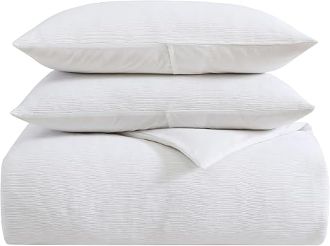 Vera Wang - King Duvet Cover Set, Soft Cotton Bedding with Matching Pillowcases, Button Closure & Inner Corner Ties, 3 Piece Bed Set Textured Pleats White
