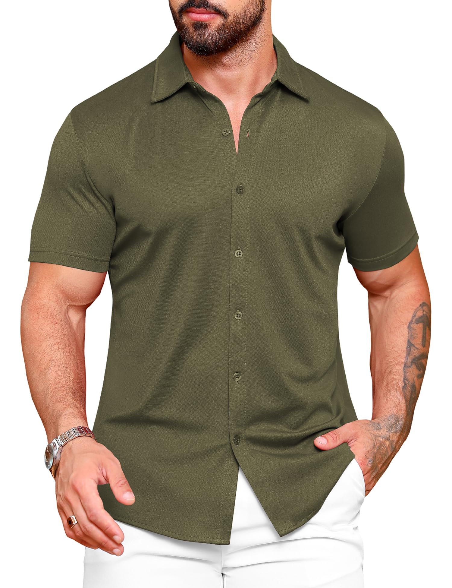 URRU Men's Muscle Dress Shirts Slim Fit Stretch Wrinkle Free Short Sleeve Casual Button Down Shirts