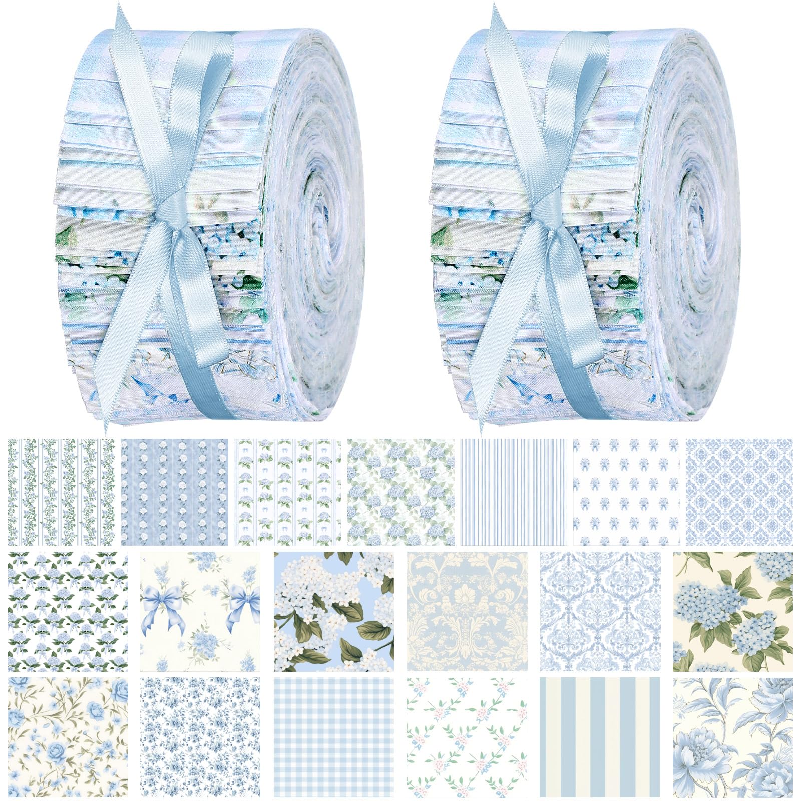100 Pcs Blue Floral Fabric Strips for Quilting Roll 20 x 2.5 Inch Cotton Spring Florals Fabric Bundles Flower Quilting Precut Patchwork Roll for Quilters Sewing Cloth Quilt DIY Crafts Supplies