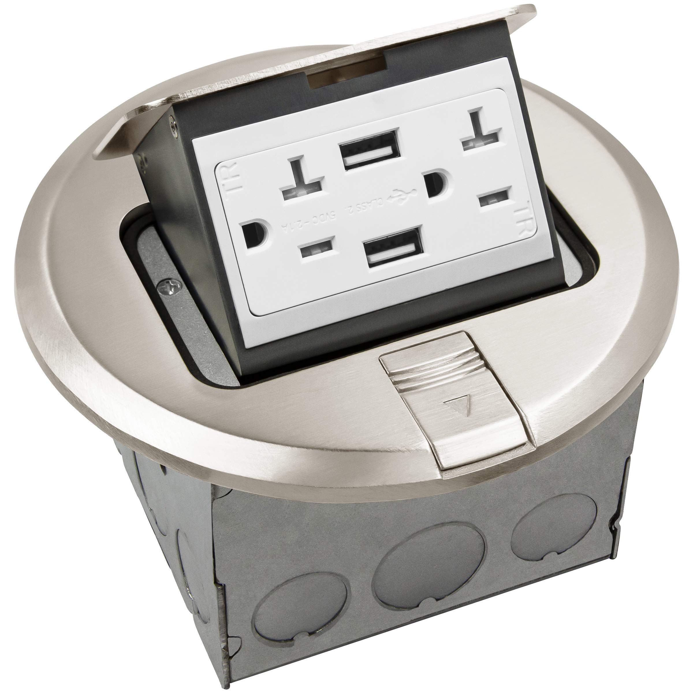 ENERLITES Round Pop-Up Floor Box Kit, 6" Diameter Cover, 20A Tamper-Resistant USB Receptacle, Watertight Gasket, Corrosive Resistant Hardware, 961501-S-USB, Nickel Plated Brass Cover
