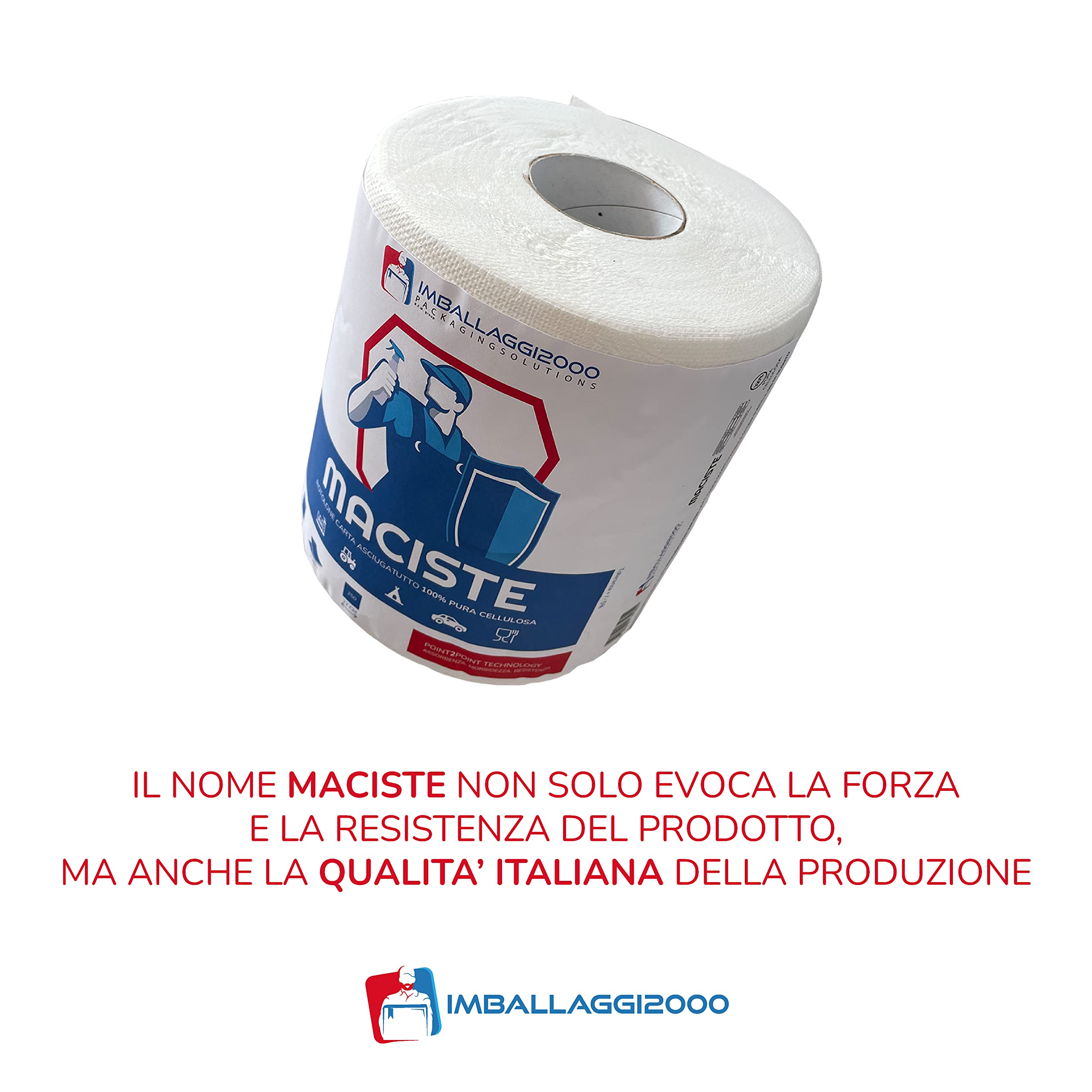 IMBALLAGGI 2000 - Maciste Rotoloni Asciugatutto 12 Pz x 250 Strappi 20x22 cm, Carta Cucina 2 Veli in Cellulosa Assorbente, Bobina 20Hx18Ø - Rotoli Carta Casa ad Uso Domestico, Panno per Pulizia Cucina