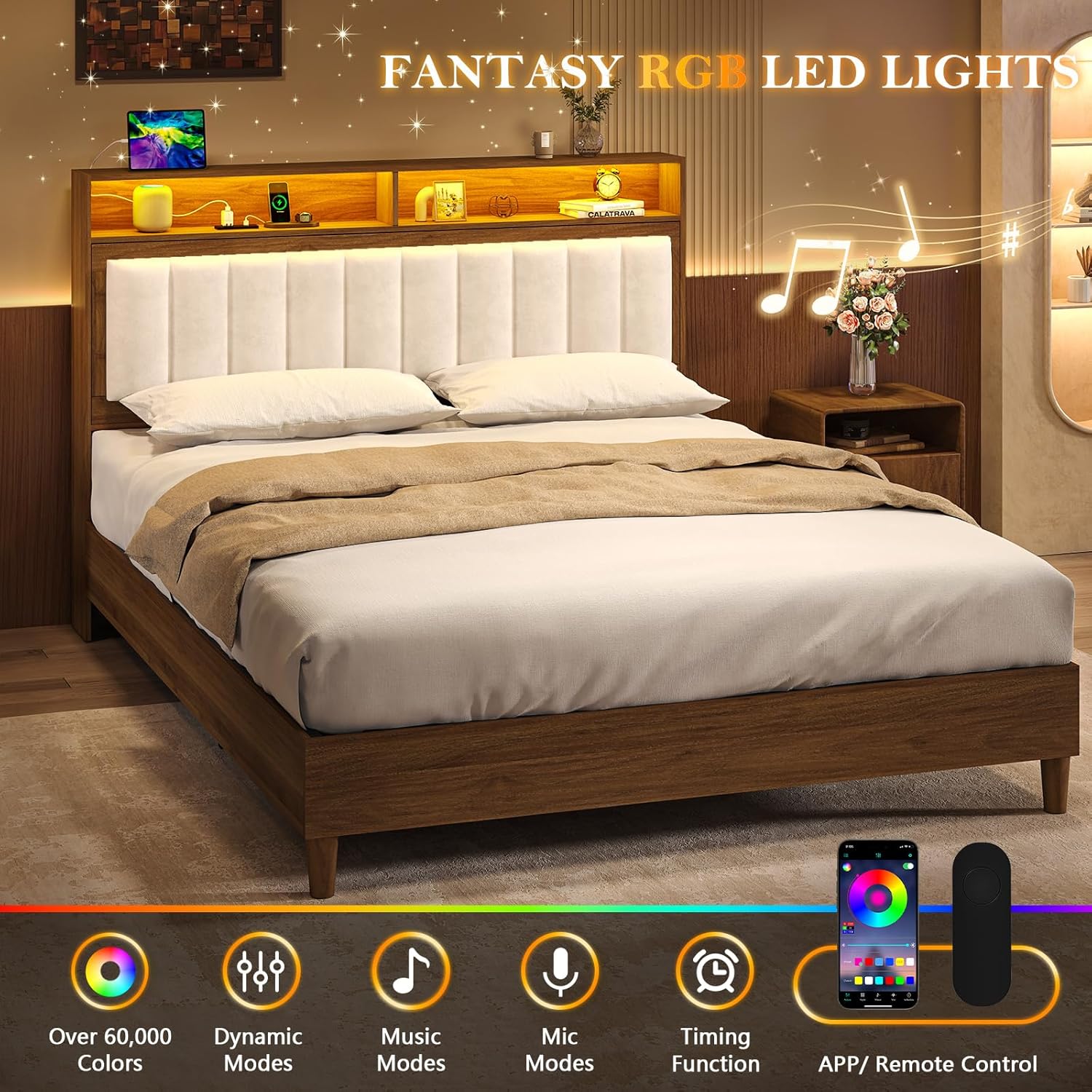 Wood Queen Bed Frame with Storage Headboard, Bed Frame Queen Size with LED Lights & Charging Station, LED Bed Frame with Hidden Storage, Velvet Upholstered Platform Metal Bed, No Box Spring Needed