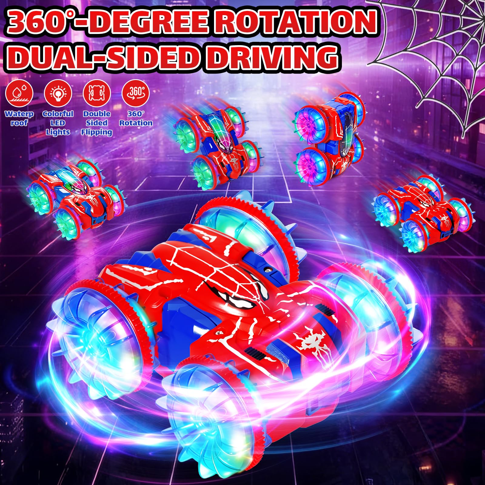Macchina Telecomandata per Bambini dai 3-10 Anni, Auto RC Anfibia con Rotazione 360° e Luci LED, Monster Truck Telecomandato 2,4 GHz 4x4 per Acqua, Sabbia, Neve, Erba