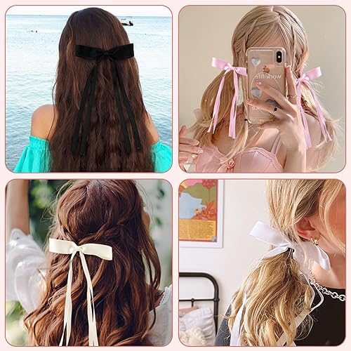 Miniatura 5 de 10 lazos para el pelo para mujeres y niñas, cinta con borla, pinzas para el cabello, cinta de satén negro, rosa, blanco, cinta para el cabello con