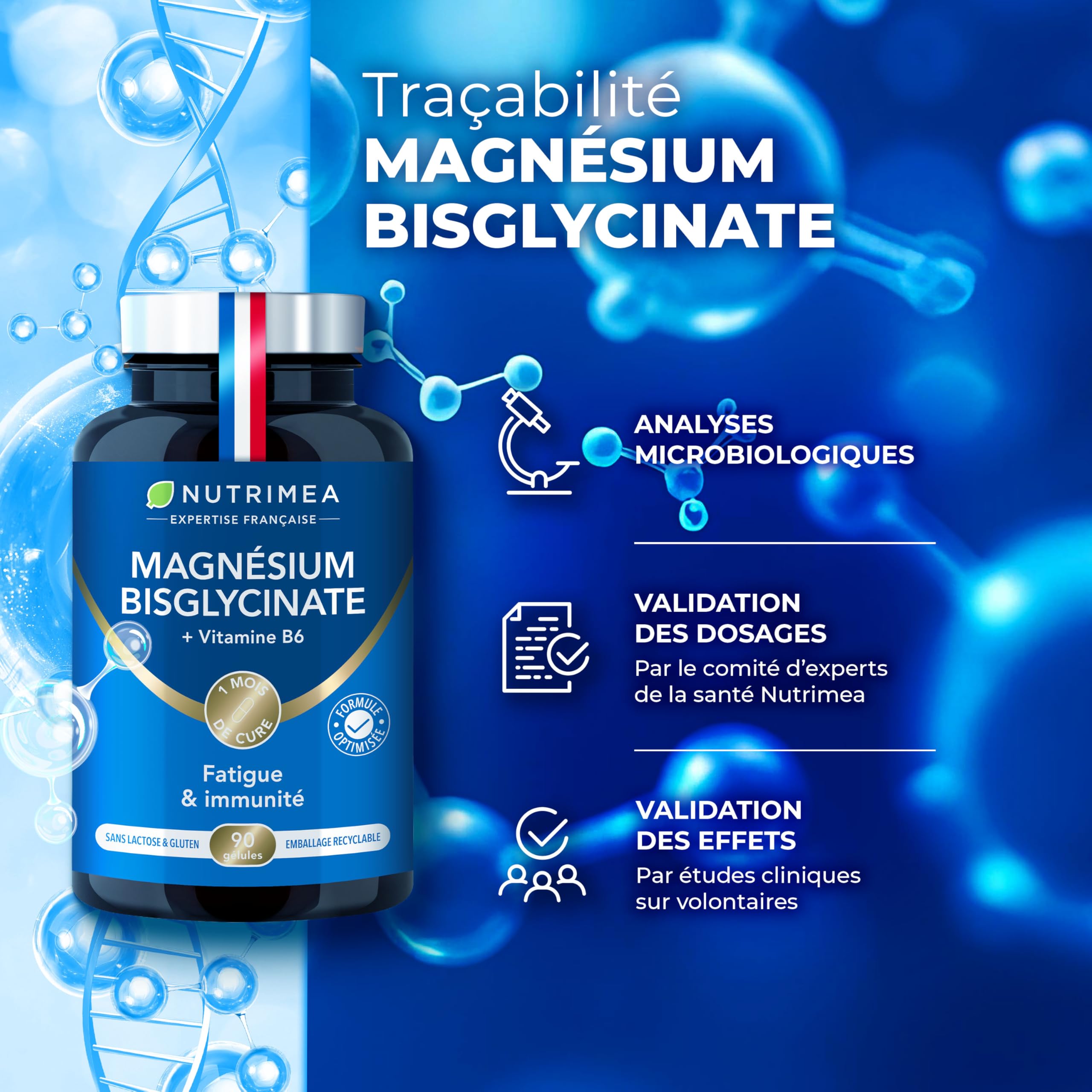 Magnesium Bisglycinate + Vitamin B6 - Sleep, Stress, Fatigue - Maximum Absorption & Easy Assimilation - 90 Vegan Capsules - Nutrimea - Made in France - 5