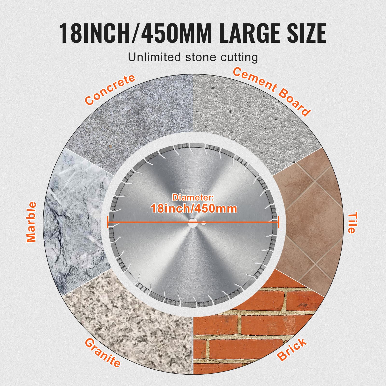 VEVOR Disque à Tronçonner Diamanté 450 mm, Disque Diamant Humide ou Sèche, Lame de Scie à Béton avec Dents Inclinées de 12 mm, Diamètre du Trou Central Universel 25,4 mm, pour Béton, Carrelage, Brique
