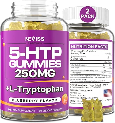 Paquete de 2 gomitas de 5 HTP sin melatonina de 250 mg por porción más 100 mg de L-triptófano - Gomitas de suplemento de 5 HTP para aliviar el