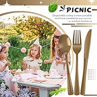 Vista 4 de Juego de cubiertos de plástico de 300 piezas, juego de cubiertos de plástico resistente, incluye 100 cucharas desechables, 100 tenedores, cuchillos