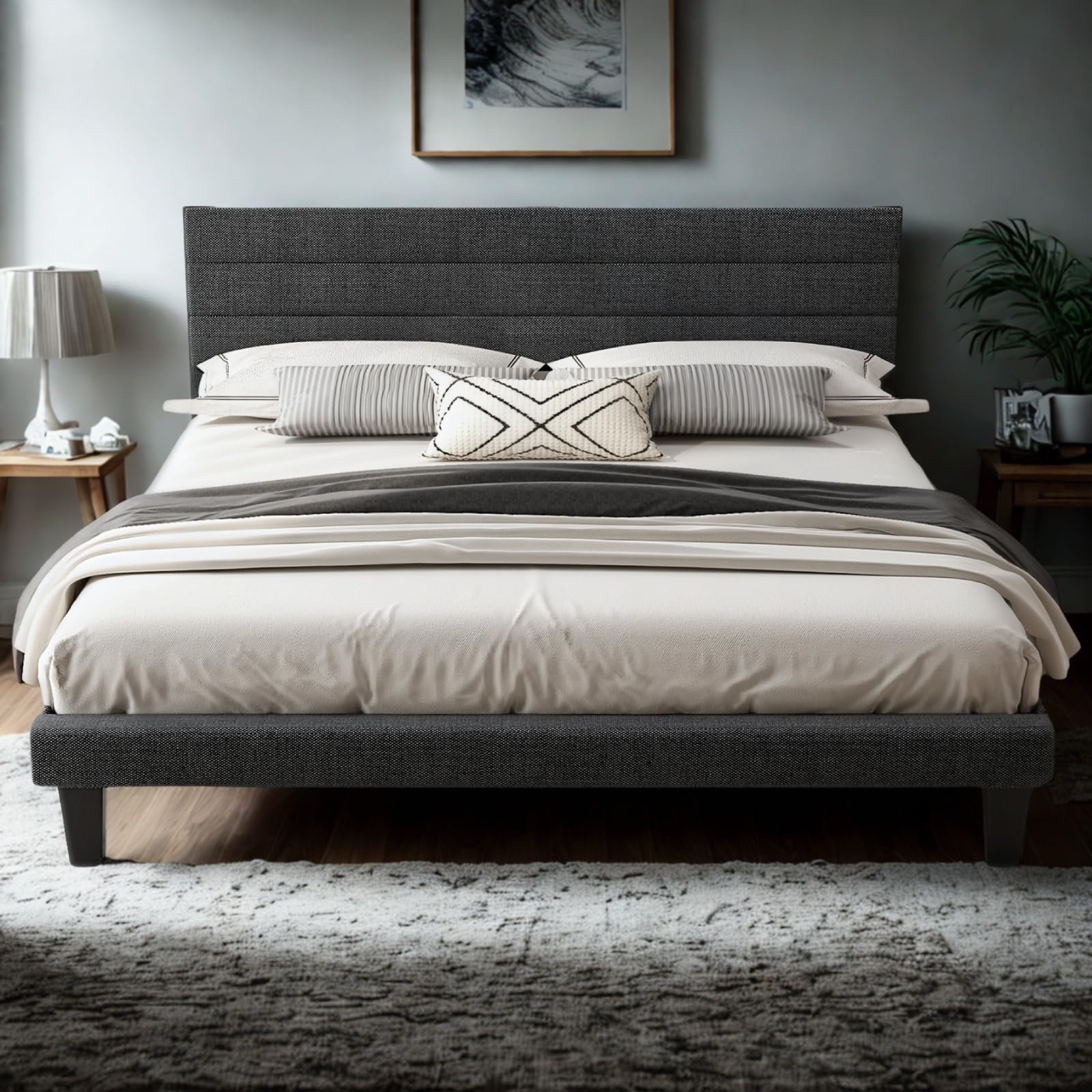 VINGLI King Size Bed Frame and Headboard Panel Soft Bed with Linen Fabric Upholstered Padding Low Profile Bed