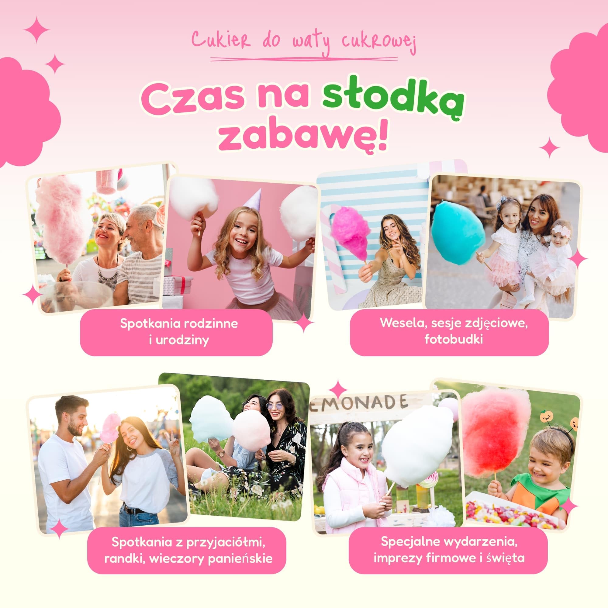 CANDY LAMA Zestaw cukrów do waty cukrowej, zestaw imprezowy 5 x 160g: Truskawka, Malina, Jabłko, Banan i Arbuz, w zestawie 20 patyczków do waty cukrowej, do maszynki