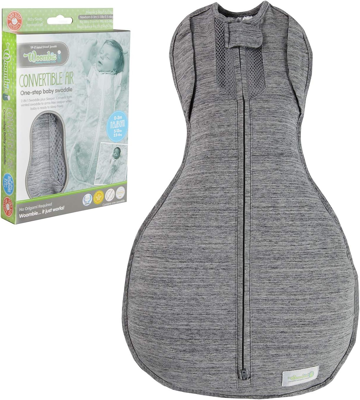 Woombie Convertible Swaddle Blanket with Vent, Twilight/Heathered Gray, 5-13 Pound