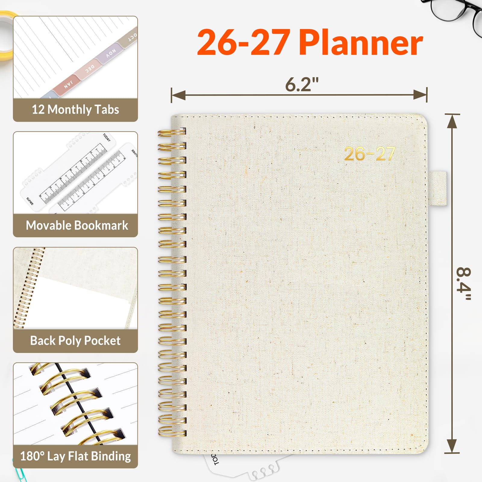 SUNEE Agenda settimanale e mensile 2024-2025 con copertina rigida, 16,3 x 21,6 cm, 12 mesi (luglio 2024 - giugno 2025), copertina in lino, calendario accademico, tasca, appunti, tabulazione mensile,