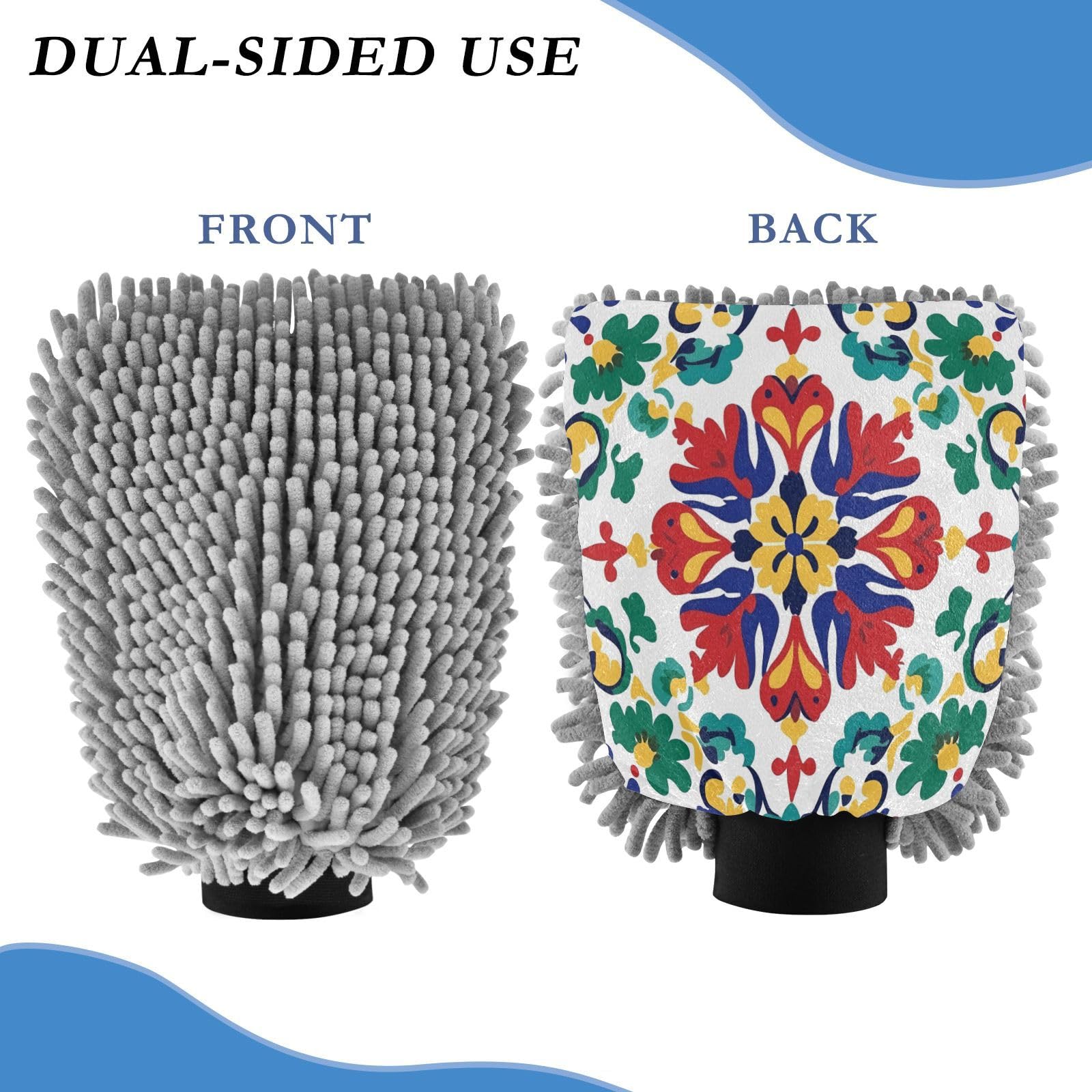 STAYTOP Mexican Style Retro Ceramic Tiles Car Wash Mitt Microfiber, 2Pcs Scratch Free Lint-Free, Premium Chenille Microfiber Mitt Car Wash Brush-M