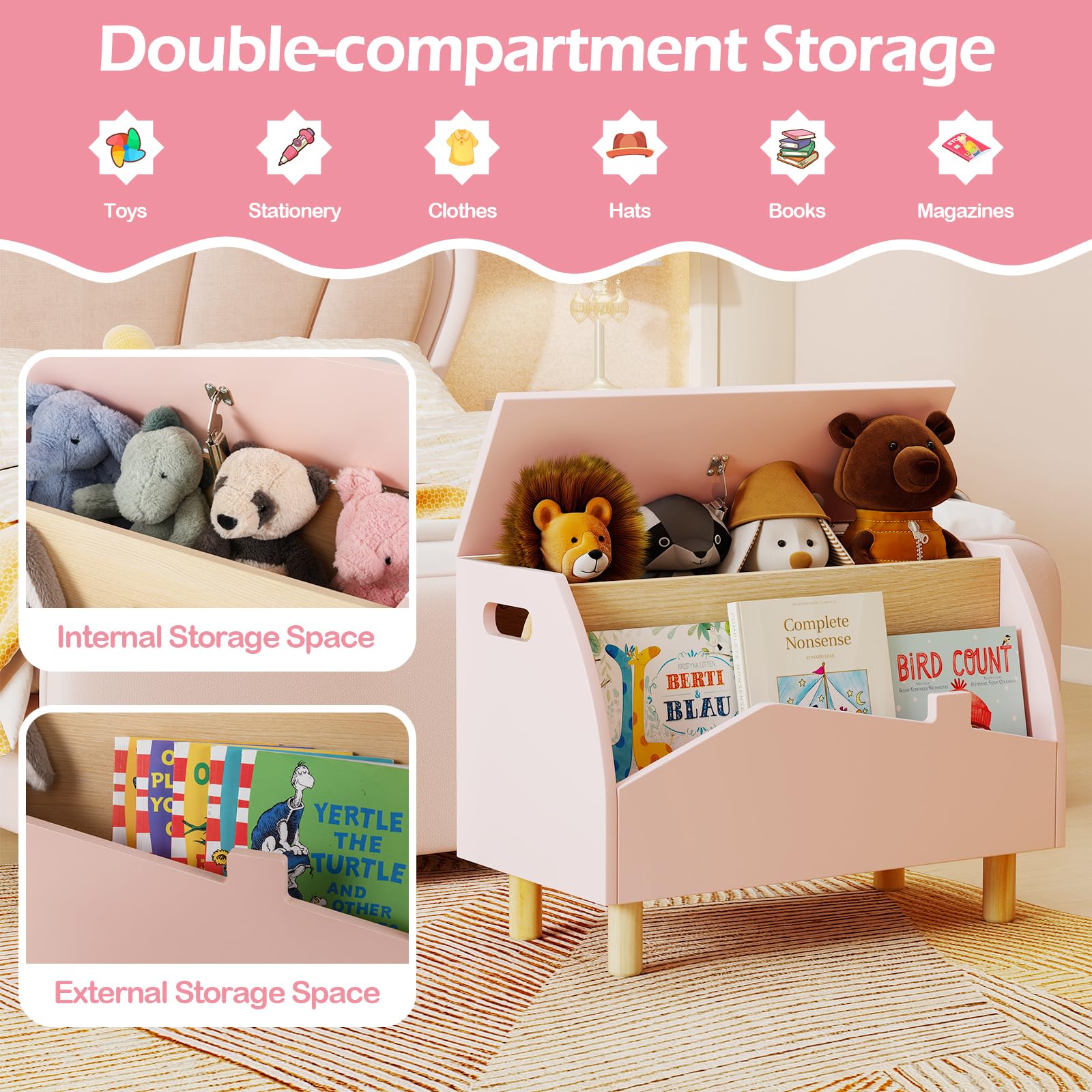 FANTASK Spielzeugkiste Holz, Spielzeugtruhe mit Deckel & offenem Regal, Aufbewahrungsbox Kinder mit großer Kapazität, Truhe zur Spielzeugaufbewahrung für Kinderzimmer & Spielzimmer, Rosa
