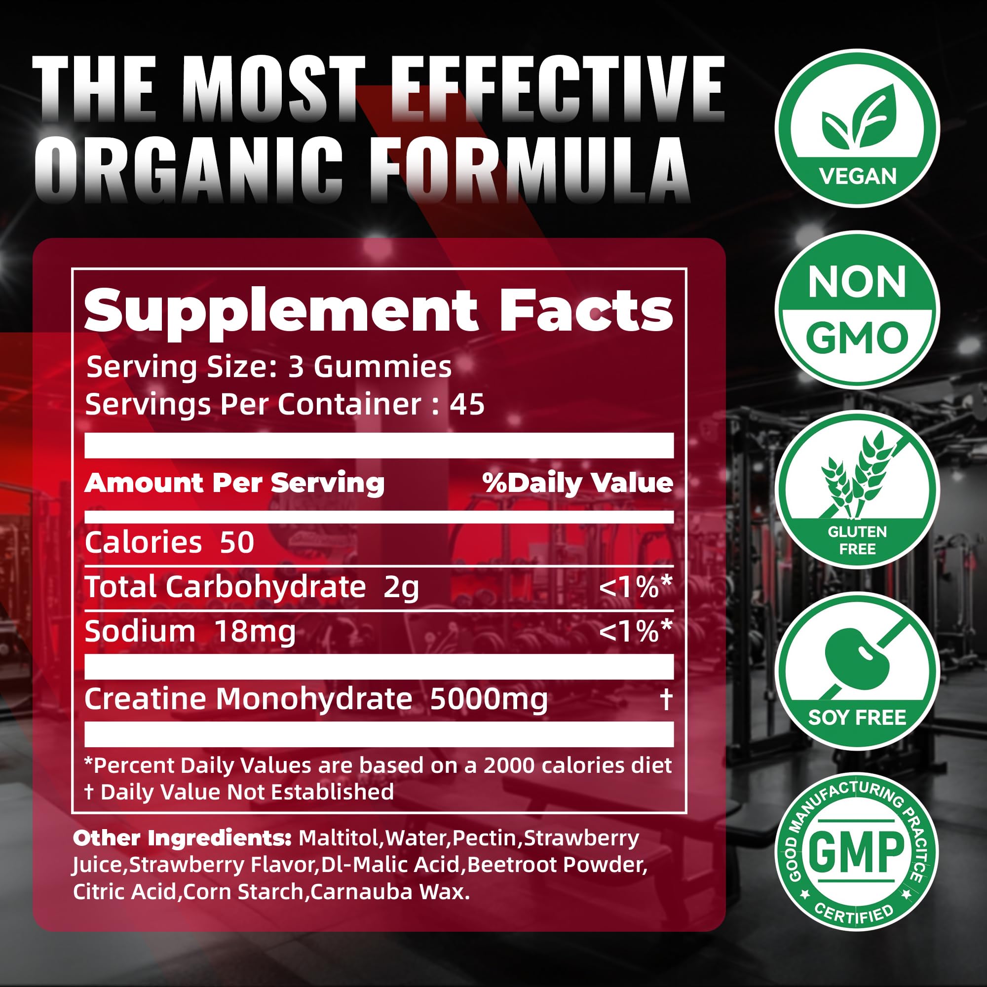 NSF Certified Creatine Gummy - Creatine Monohydrate Gummies for Men & Women-5g of Creatine Monohydrate per Serving - Sugar Free,Vegan, Strawberry Electrolyte Chews, 135 Count — Amazon image 3