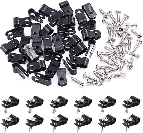 Miniatura 17 de Swpeet Paquete de 120 clips de cable tipo R de nailon negro de 5/16 pulgadas, clips de sujeción de cable de montaje de tornillo de nailon con 60