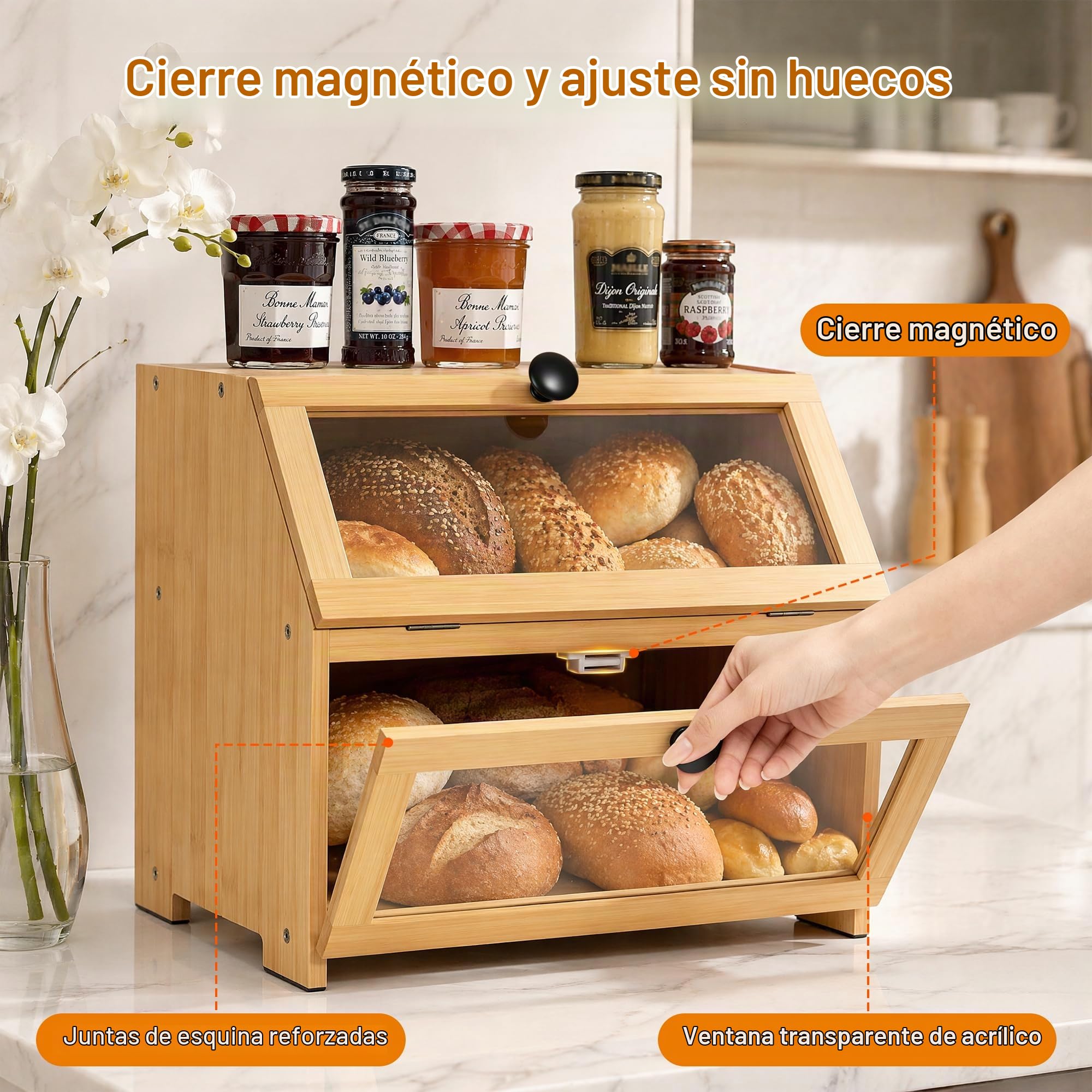 RayLove Panera de madera, panera de doble capa, gran contenedor de almacenamiento de pan para mostrador de cocina, esquina, armario, despensa, armario (Automontaje) (Color Primario)