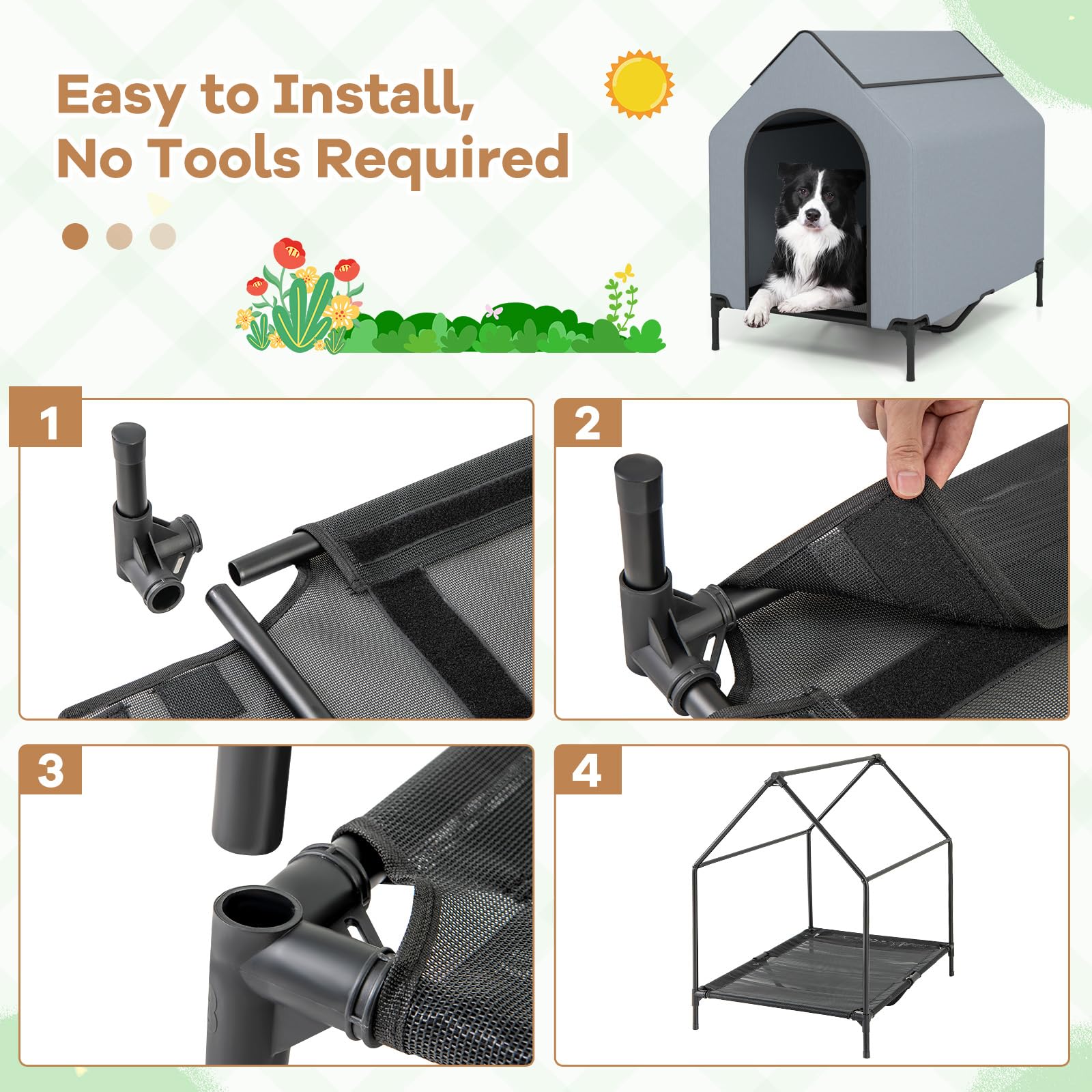 GOPLUS 2 en 1 Niche Surélevée pour Chien, Tente Résistant aux Intempéries avec Fenêtres Ventilées, Lit en Tissu Maillé, Intérieur Extérieur (M)