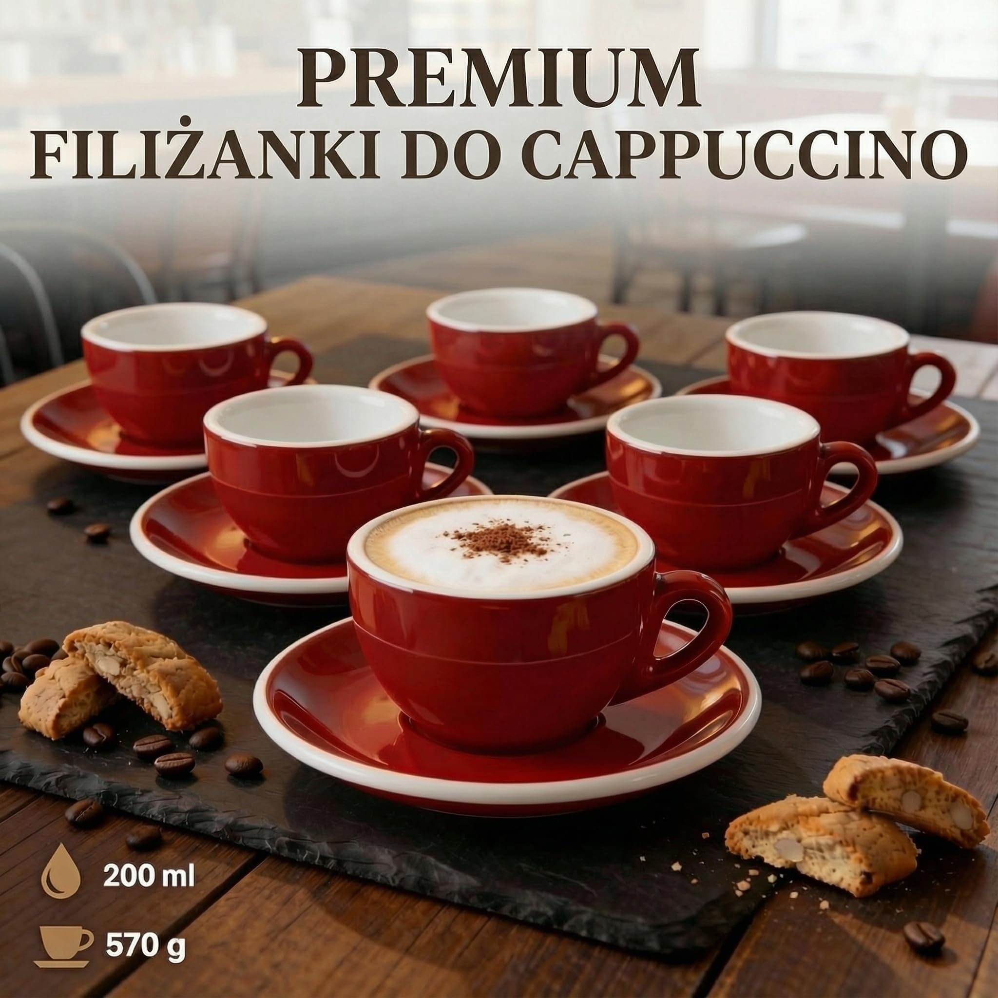 6 x filiżanki do cappuccino | Czerwone | Styl włoski | Gruboscienne i ciężkie | Nadają się do zmywarki | Zestaw 6 filiżanek do cappuccino z spodkami - Zestaw prezentowy