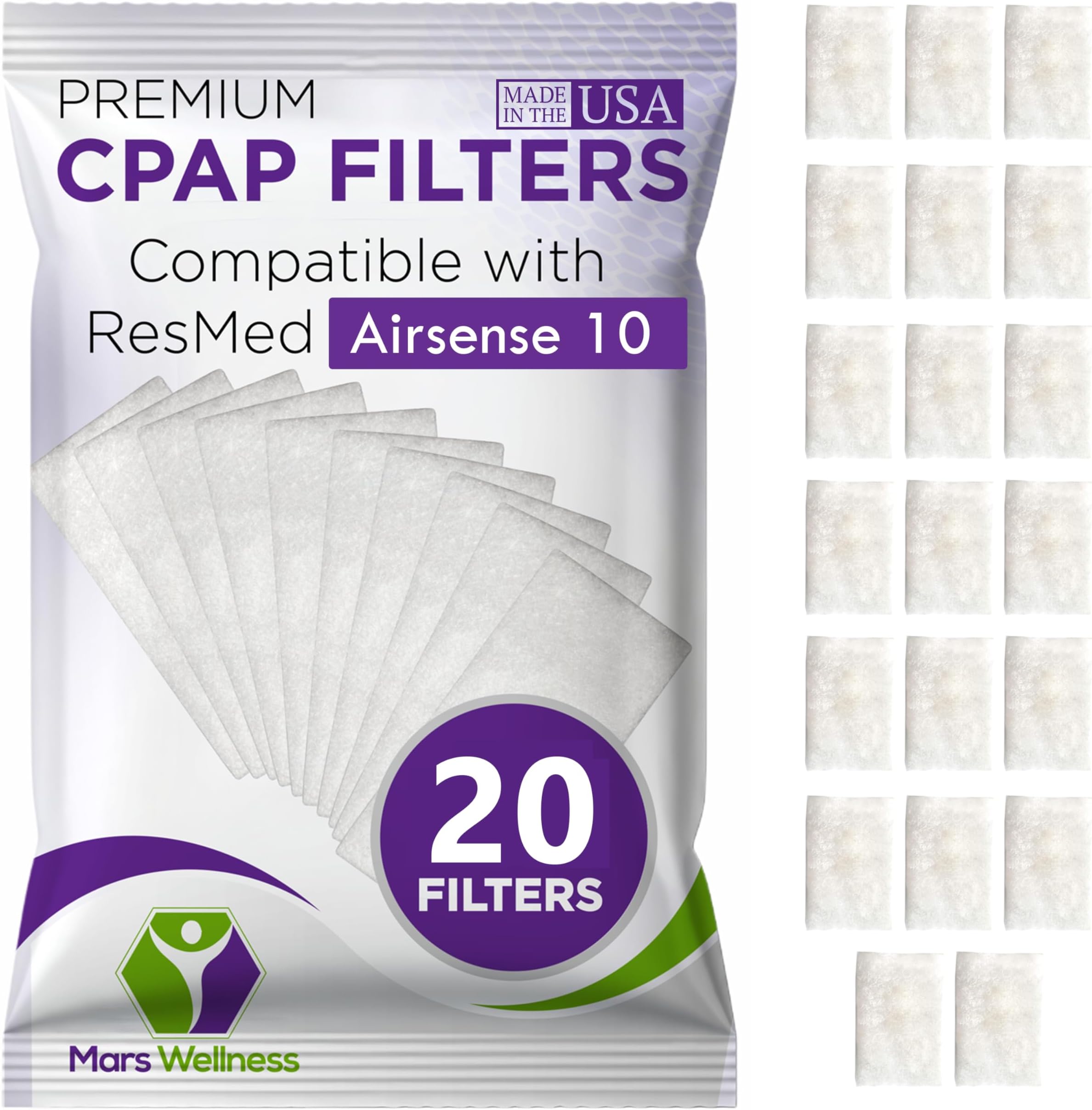 Mars Wellness CPAP Filters Disposable Felt Pollen air Filter 20 Pack Compatible with ResMed Airsense 10, Aircurve 10, S9 Series - Universal CPAP Filter Supplies - Machines - by - Made in The USA