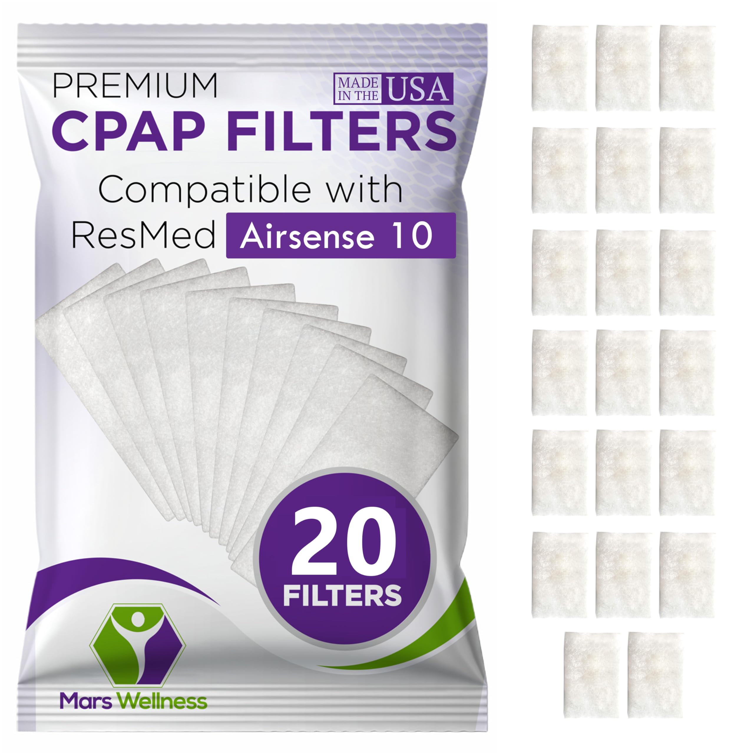 CPAP Filters Disposable Felt Pollen air Filter 20 Pack Compatible with ResMed Airsense 10, Aircurve 10, S9 Series - Universal CPAP Filter Supplies - Machines - by - Made in The USA
