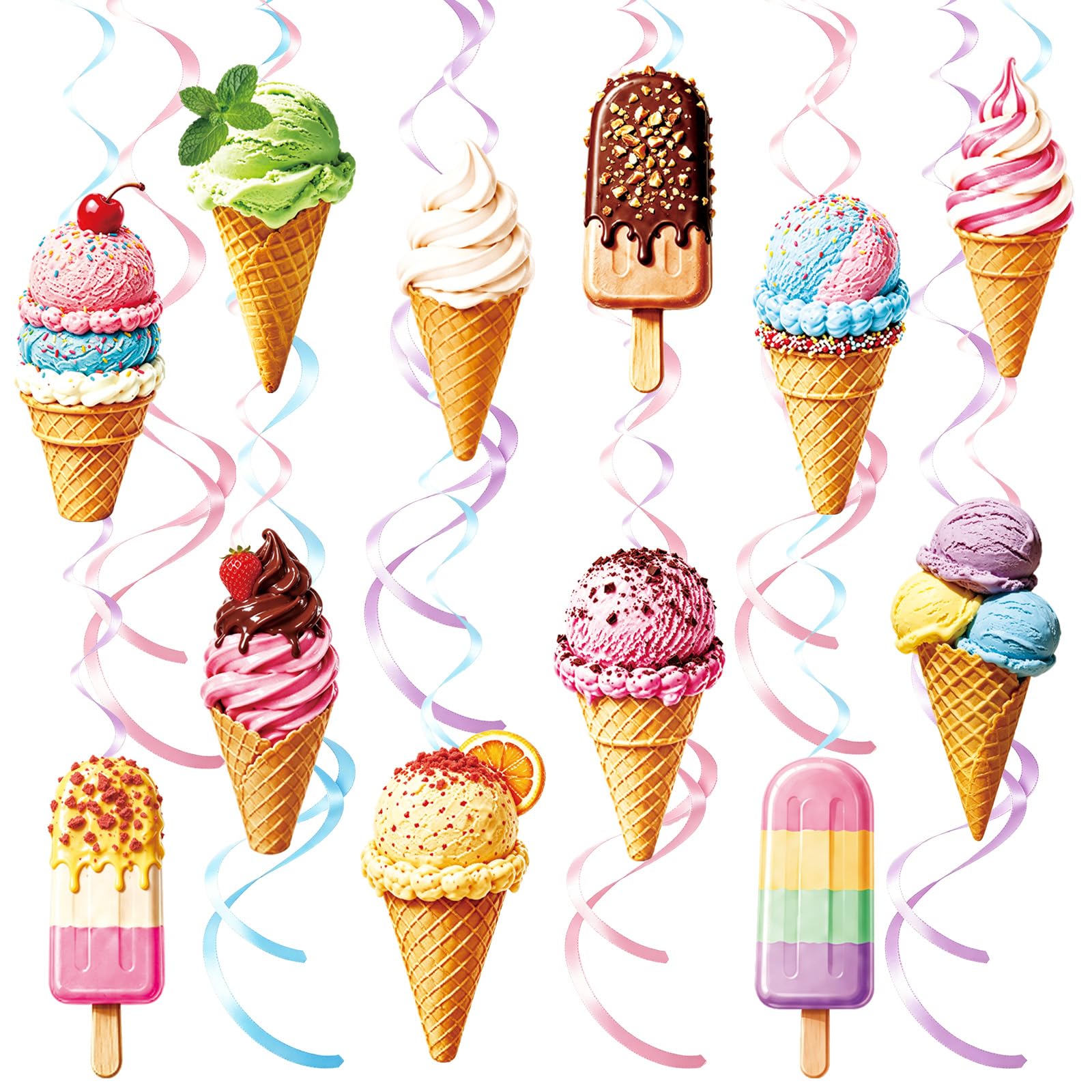30 Pcs Ice Cream Hanging Swirl Decorations, Sundae Popsicle Cone Ceiling Swirls Cutouts for Summer Birthday Party Supplies Kids Sweets Dessert Shop Ice Cream Social Favors