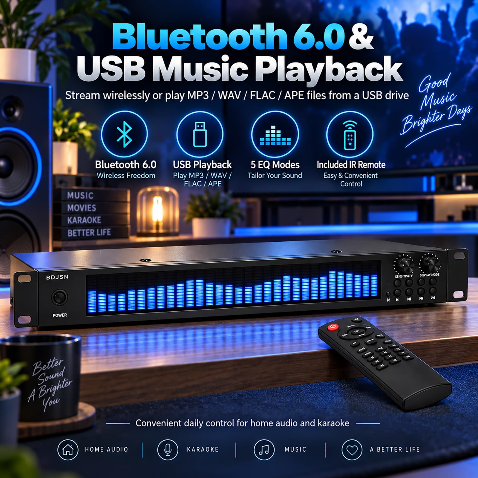 31-pasmowy korektor dźwięku z wyświetlaczem widma, procesor dźwięku 1u do montażu w szafie z Bluetooth 6.0, 5 trybów korekcji, odtwarzanie USB, do domowego audio i