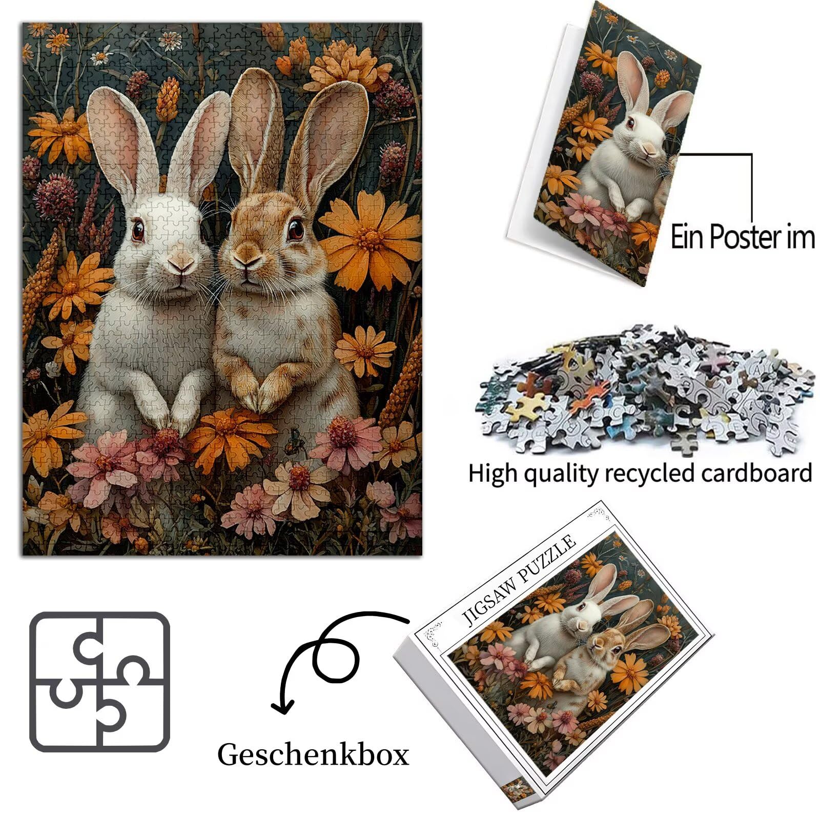 Królik Puzzle 1000 Sztuk Dorosłych, Puzzle Kwiat Wzór Projekt, Jigsaw Dorosłych, 5D DIY Rzemiosło Rodzina Zajęcia z Pakowaniem Pudełka, Dekoracja ścienna do domu, Prezent Kobiety, 75x50cm, Model770