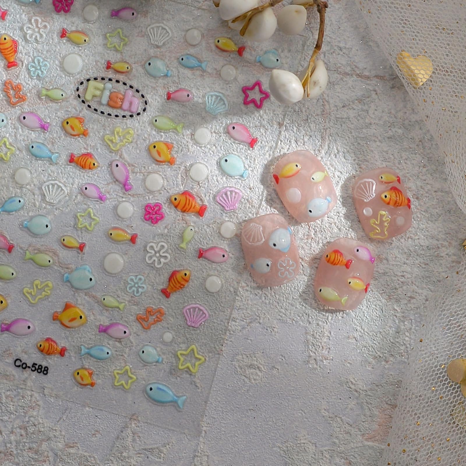 Fish Nail Stickers Decals Summer Nail Art Stickers Cute 5D Nail Decals for Nails Art with Coral Design Self Adhesive for Women Manicure Decoration Accessories