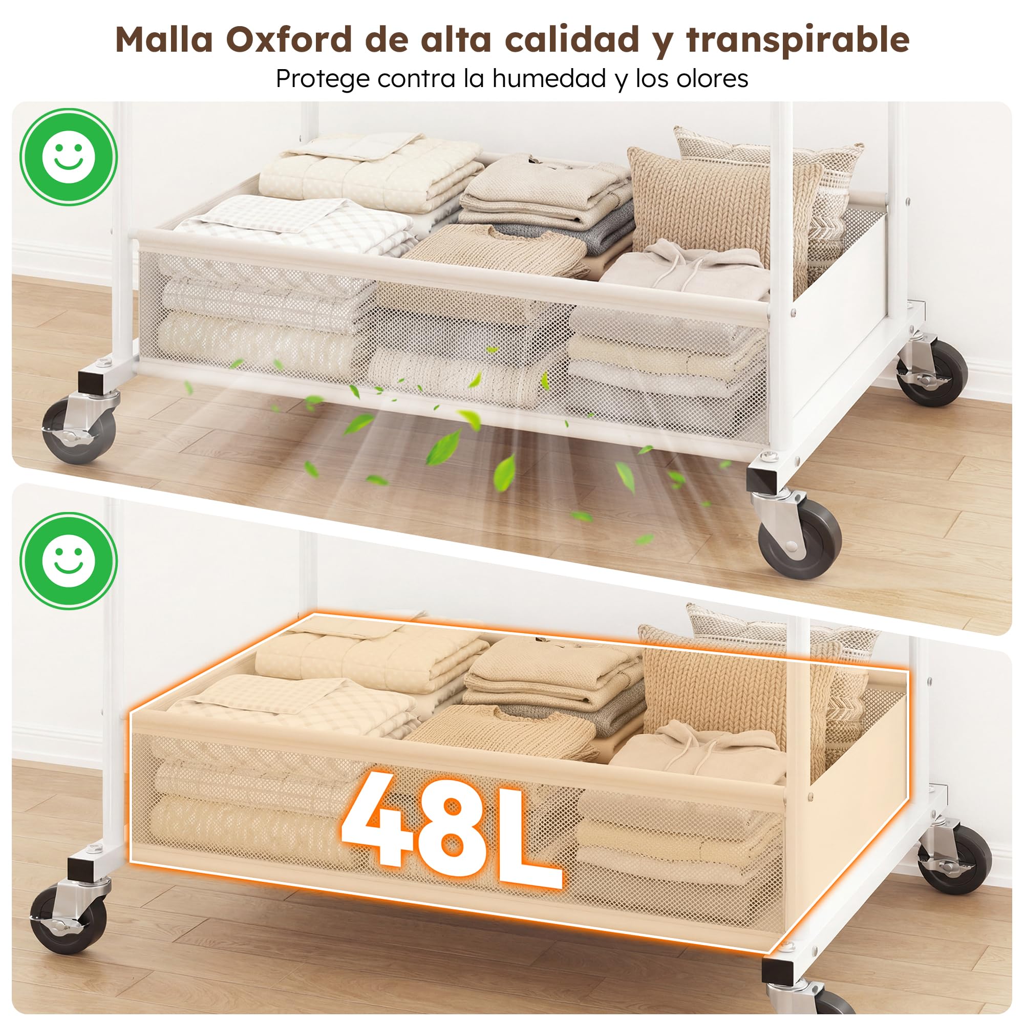 110cm Doble Perchero Burro Ropa con Ruedas con 48L Cesto Ropa Sucia | 110kg Capacidad de Carga, Metal Burro Ropa para Abrigos, Camisas, Zapatos, Gorros,Dormitorio,Residencia, Blanco