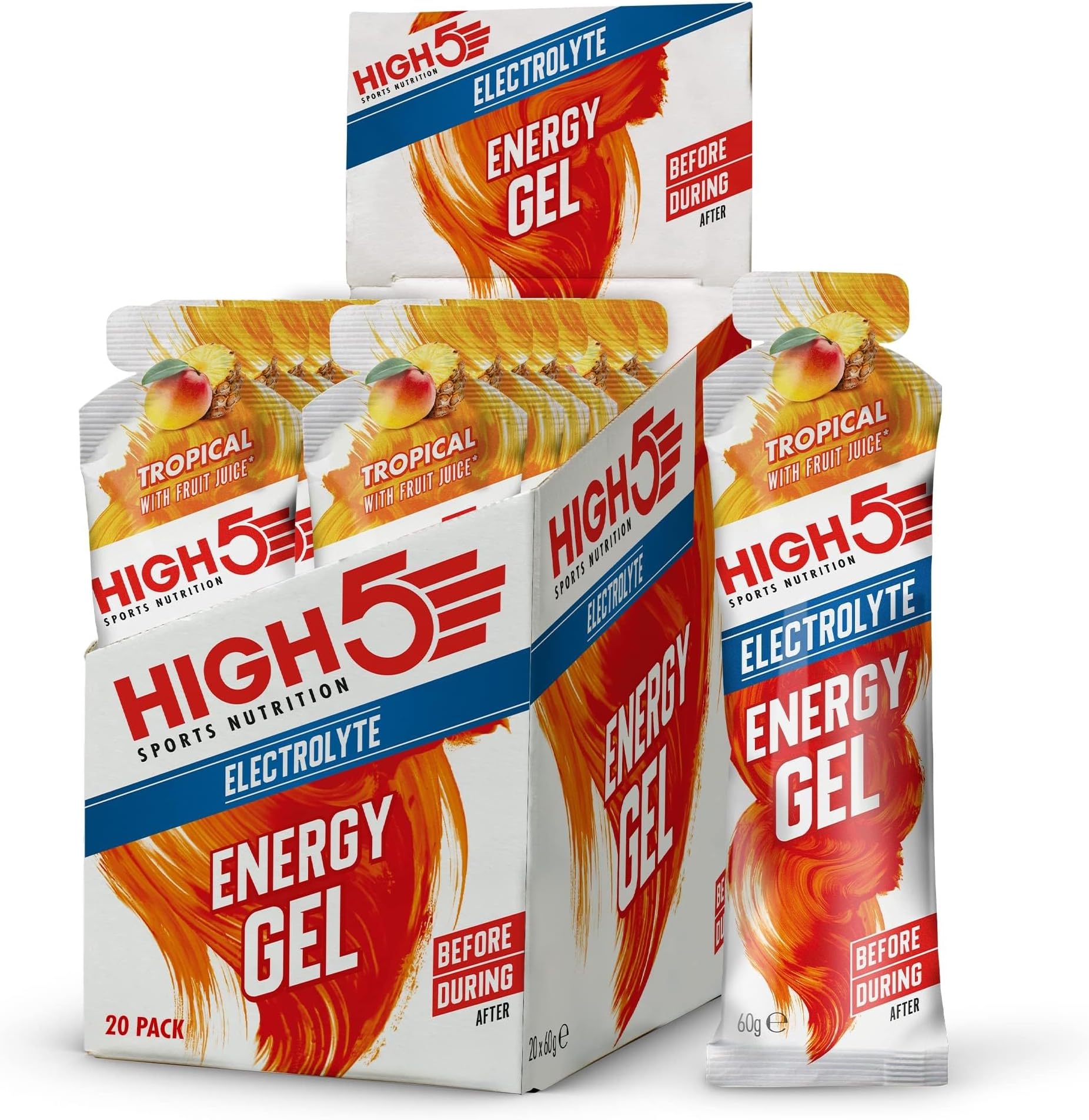 Energy Gels with Electrolytes - Quick Release Sports Gels for Peak Performance - Natural Fruit Juice & Caffeine-Free - Energy Boost for Running, Cycling, Endurance (Tropical, 20 x 60g)