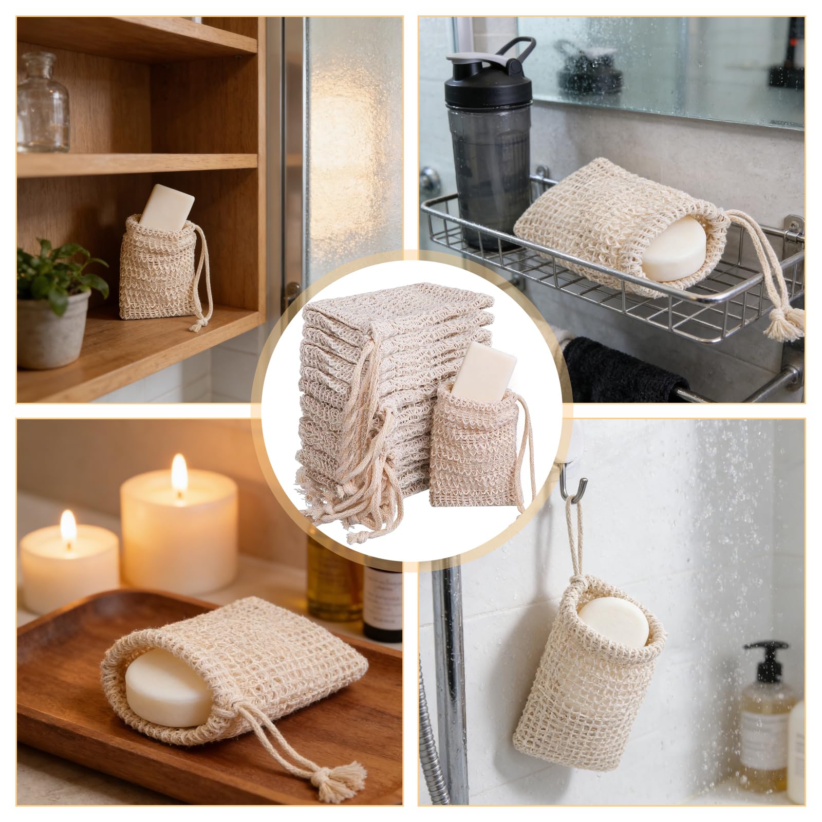 Lot de 12 sacs à savon bio pour la douche, en sisal naturel, sûr et durable, pour savon solide