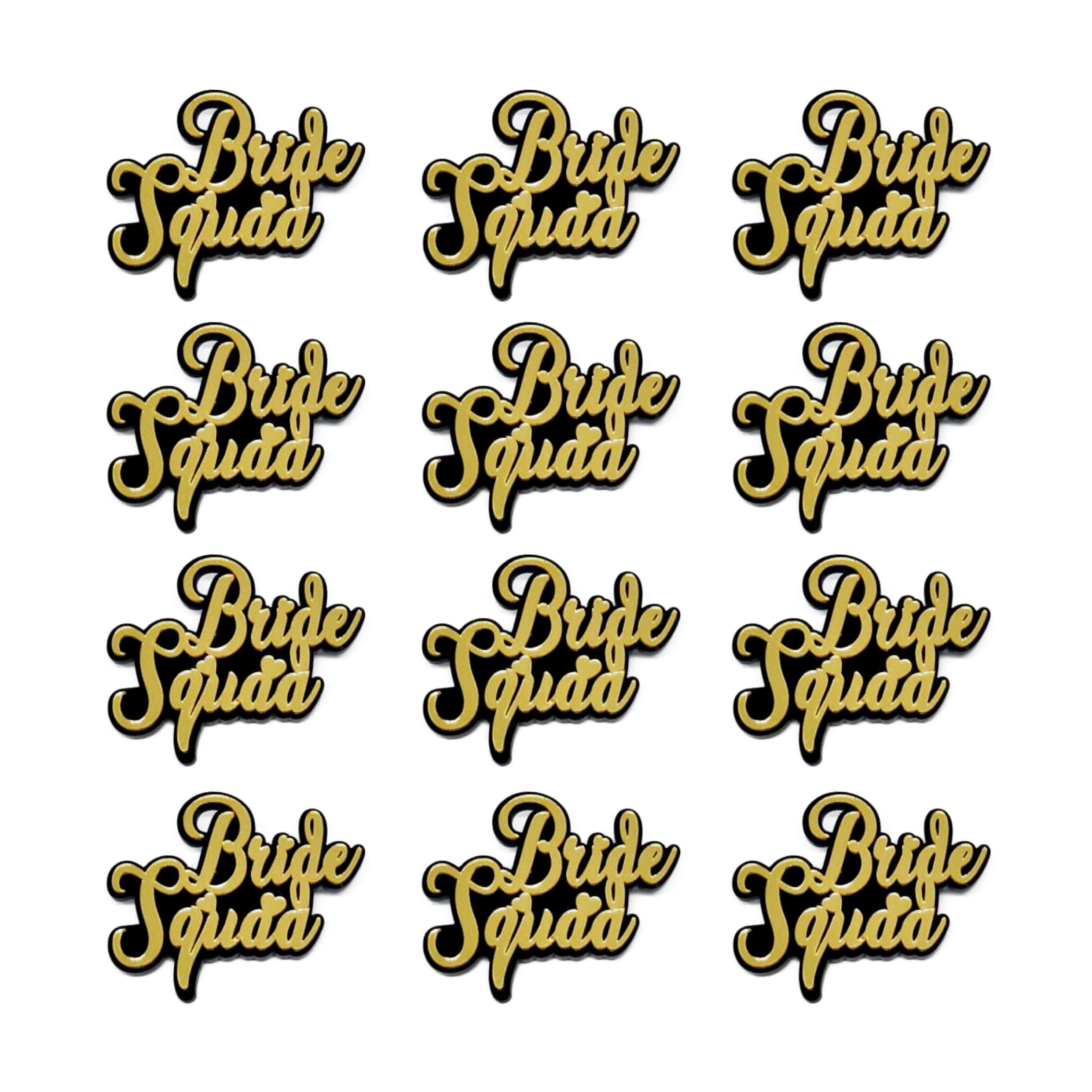 Yey Bride Squad Acrylic Badges Set of 12 pcs, Black Golden Badges for Bachelorette Party Decorations, Bridal Shower, Bride to be Decorations, Wedding Functions, Sangeet Parties (Black and Gold) 1