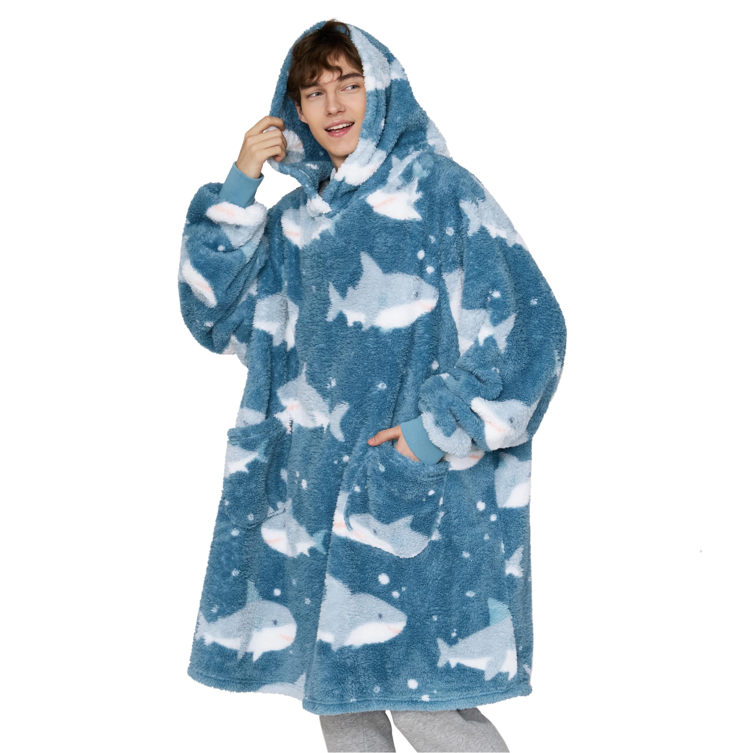 Bedsure Sherpa Wearable Blanket Hoodie - Warm Cozy, Oversize, Shark