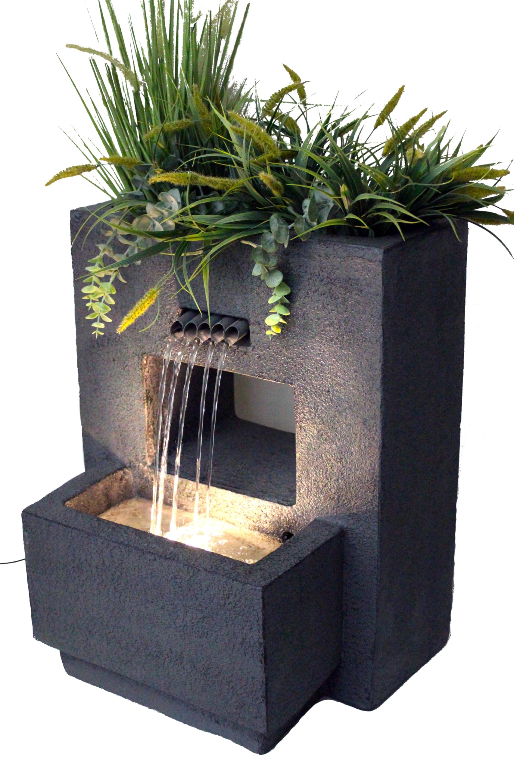 Fontaine de Jardin avec éclairage, plantable, Aspect béton 57 cm Cascade Blanc Chaud, décoration