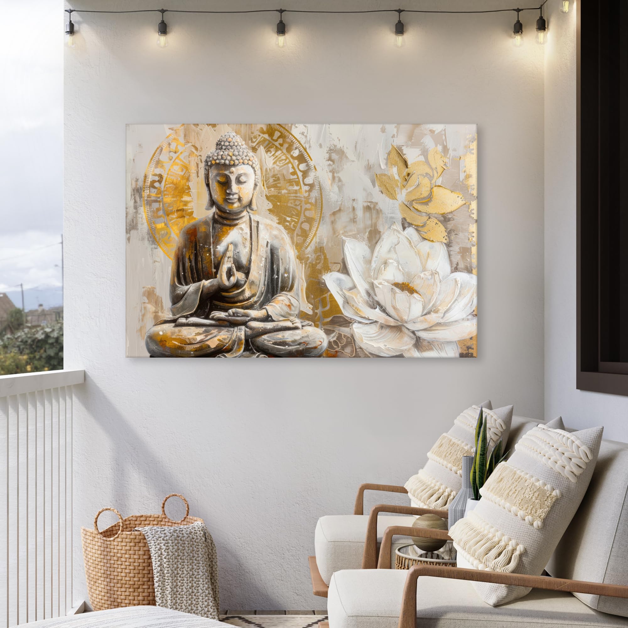 Gartenbild 150x100 cm Outdoor Deko Garten Leinwand Modern Wandbild Wetterfest Kunstdruck Terrasse Geschenke Draußen Buddha - Blume - Lotus - Spiritualität