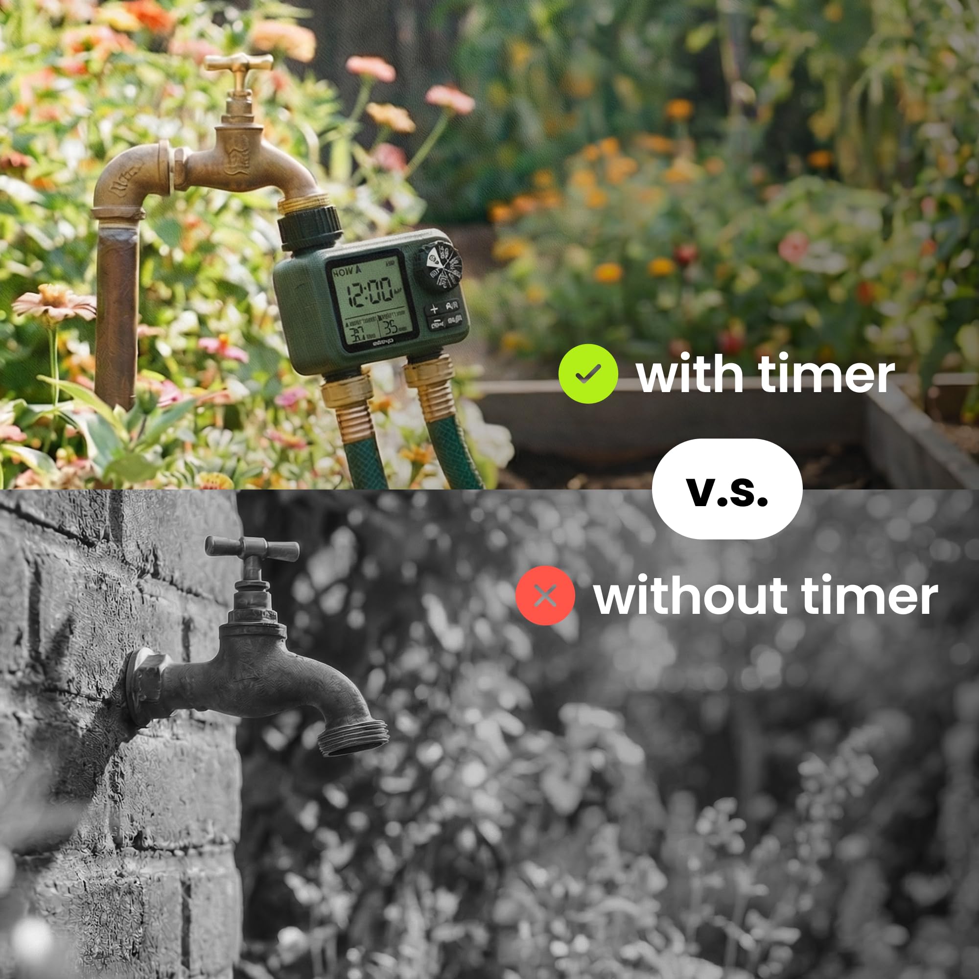 Sprinkler-Timer für Gartenschlauch, programmierbarer 1 oder 2 Auslassregler mit selbstreinigendem Ventil, 15-Tage-Frequenz, großes Zifferblatt, Regenverzögerung & Auto-Off, IPX5