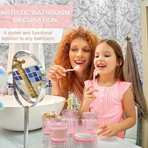 Miniatura 2 de Juego de accesorios de baño de cristal rosa de alta calidad (5 unidades), dispensador de jabón de vidrio con bomba de acero inoxidable a prueba de